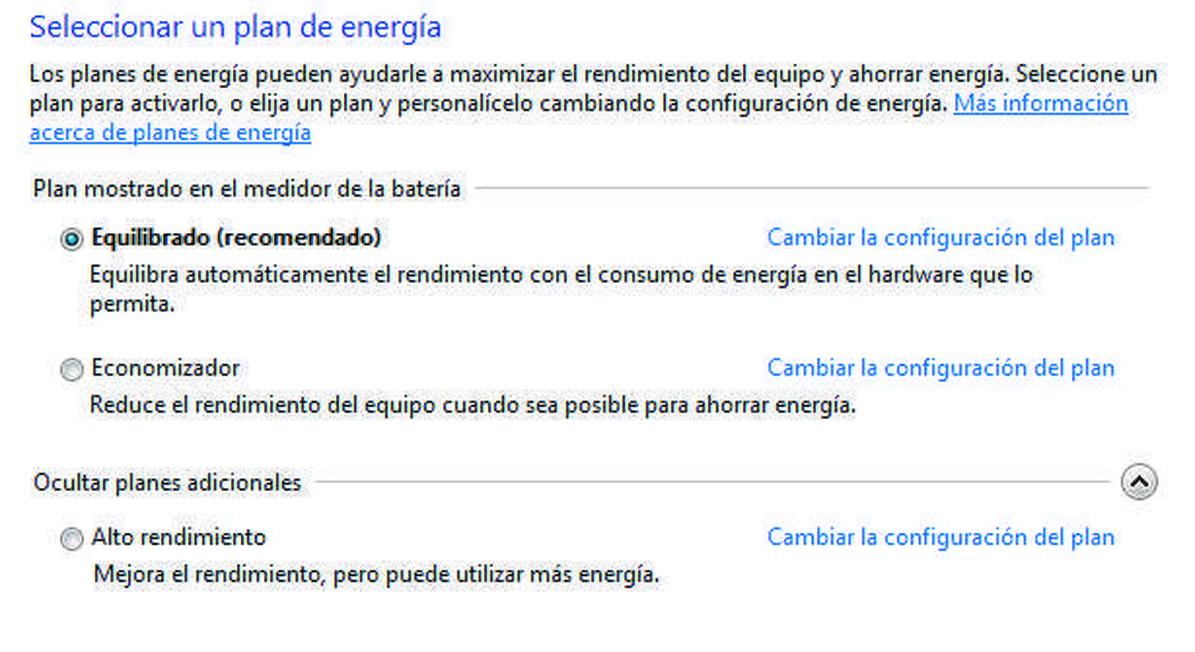 Ventana de Windows de opciones de energía de tu pc