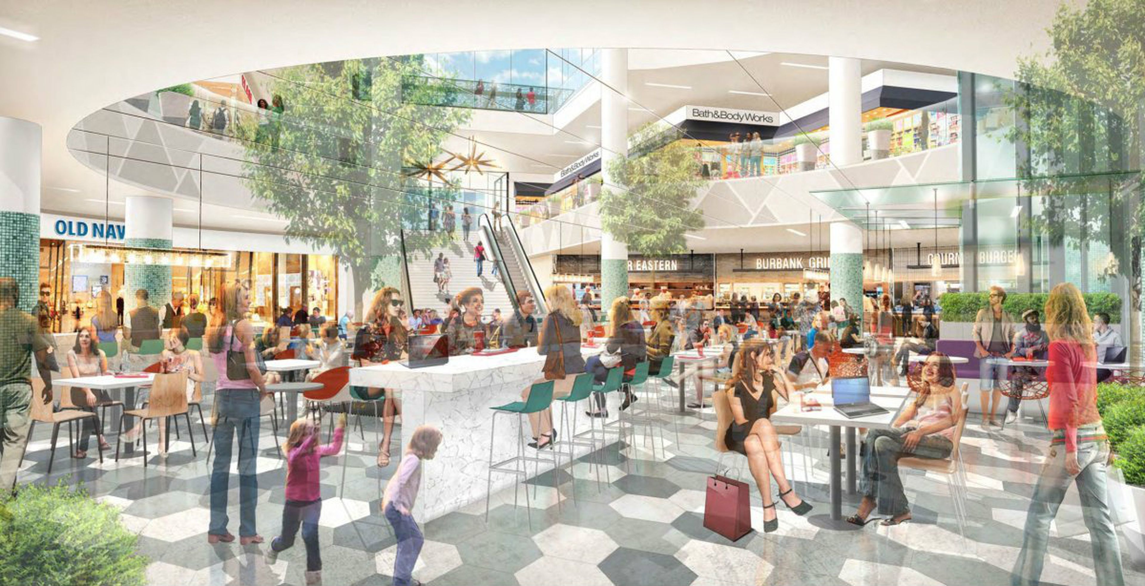 Propuesta para el rediseño de la zona de restauración del centro comercial Burbank Town en California (EE. UU.).