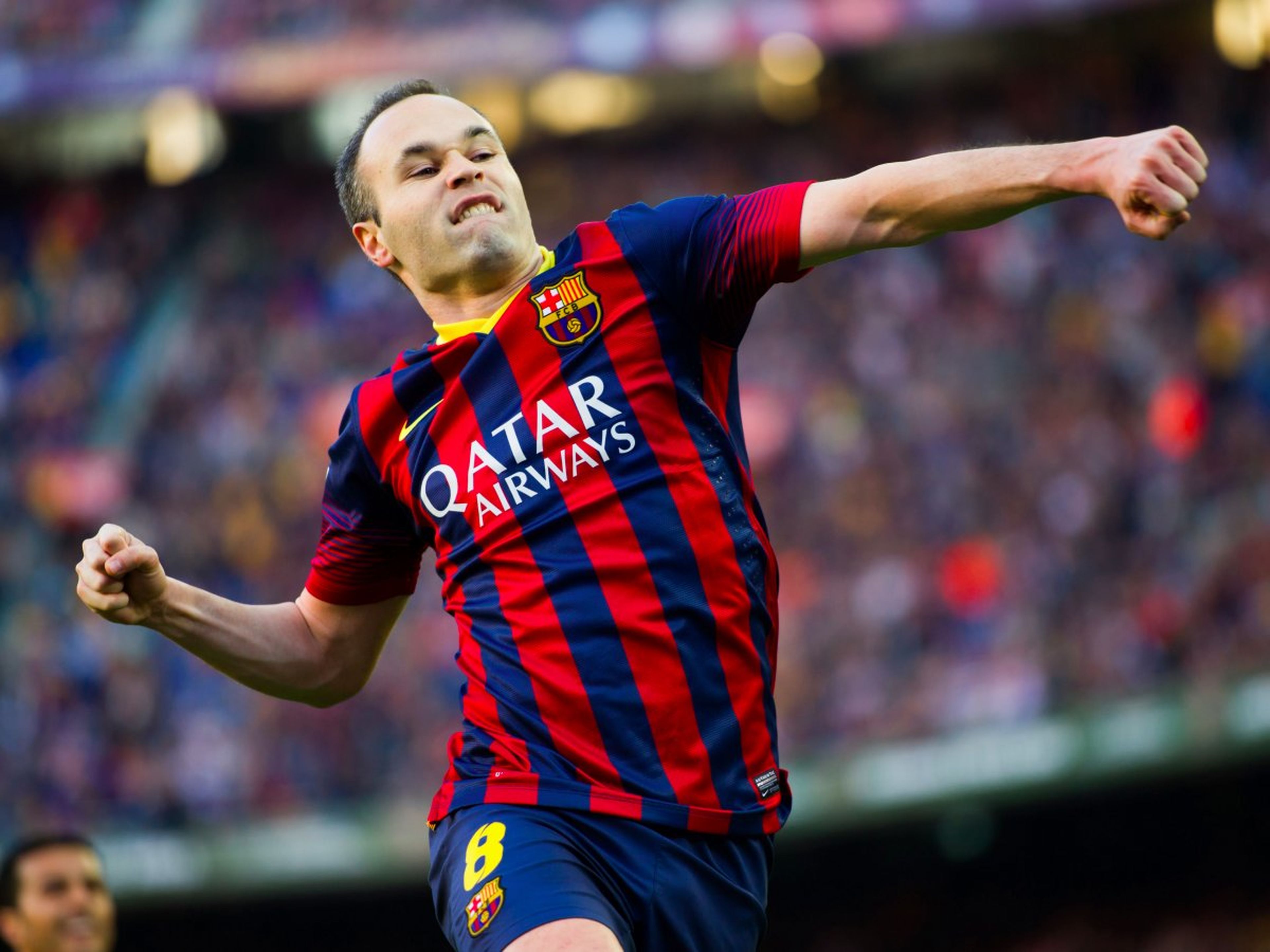 El jugador de fútbol Andres Iniesta, del FC Barcelona, celebra un gol.