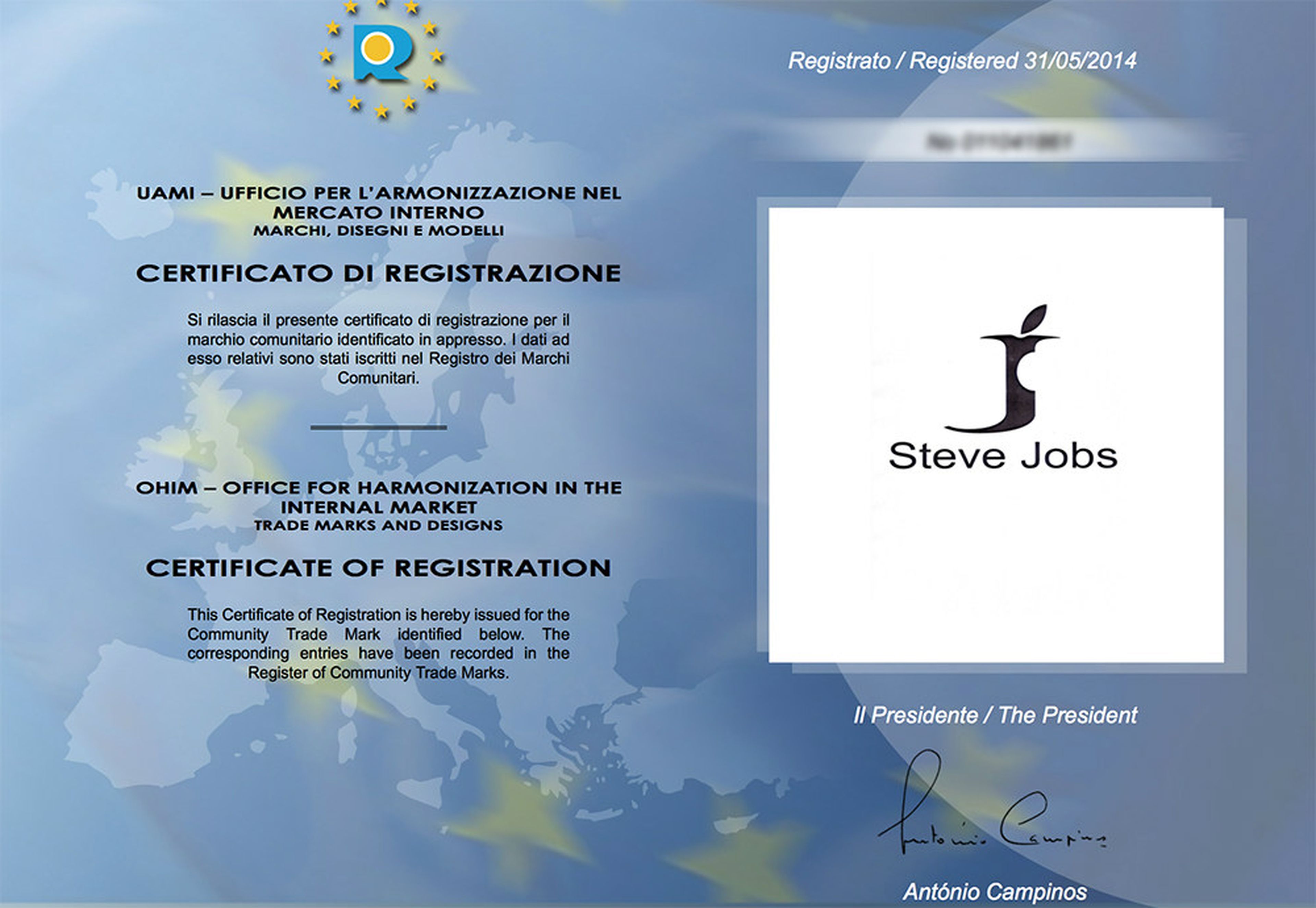 El certificado de registro de la marca Steve Jobs en la EUIPO