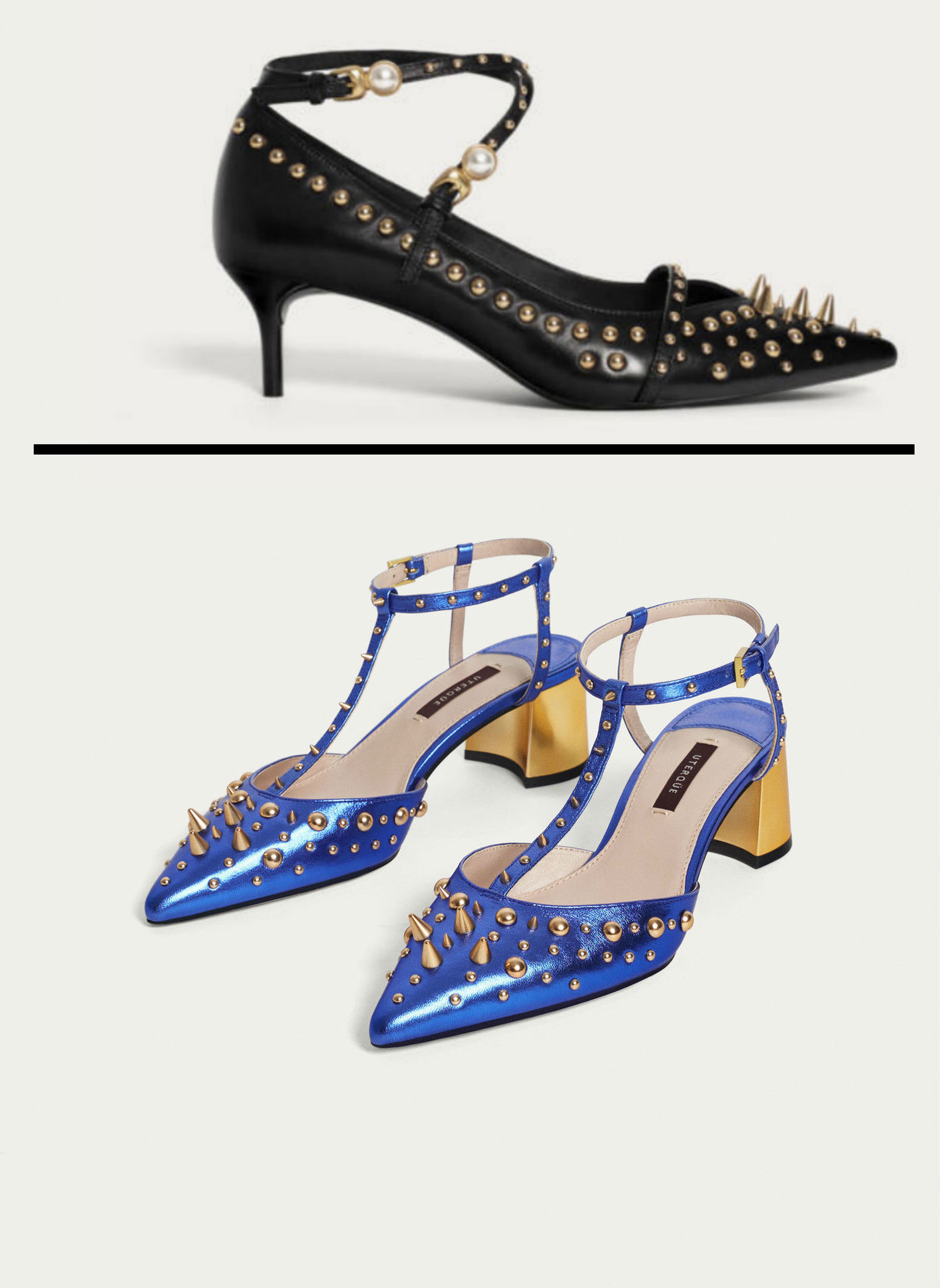 Modelo de Uterque de los zapatos de pinchos de Letizia, en azul y negro.