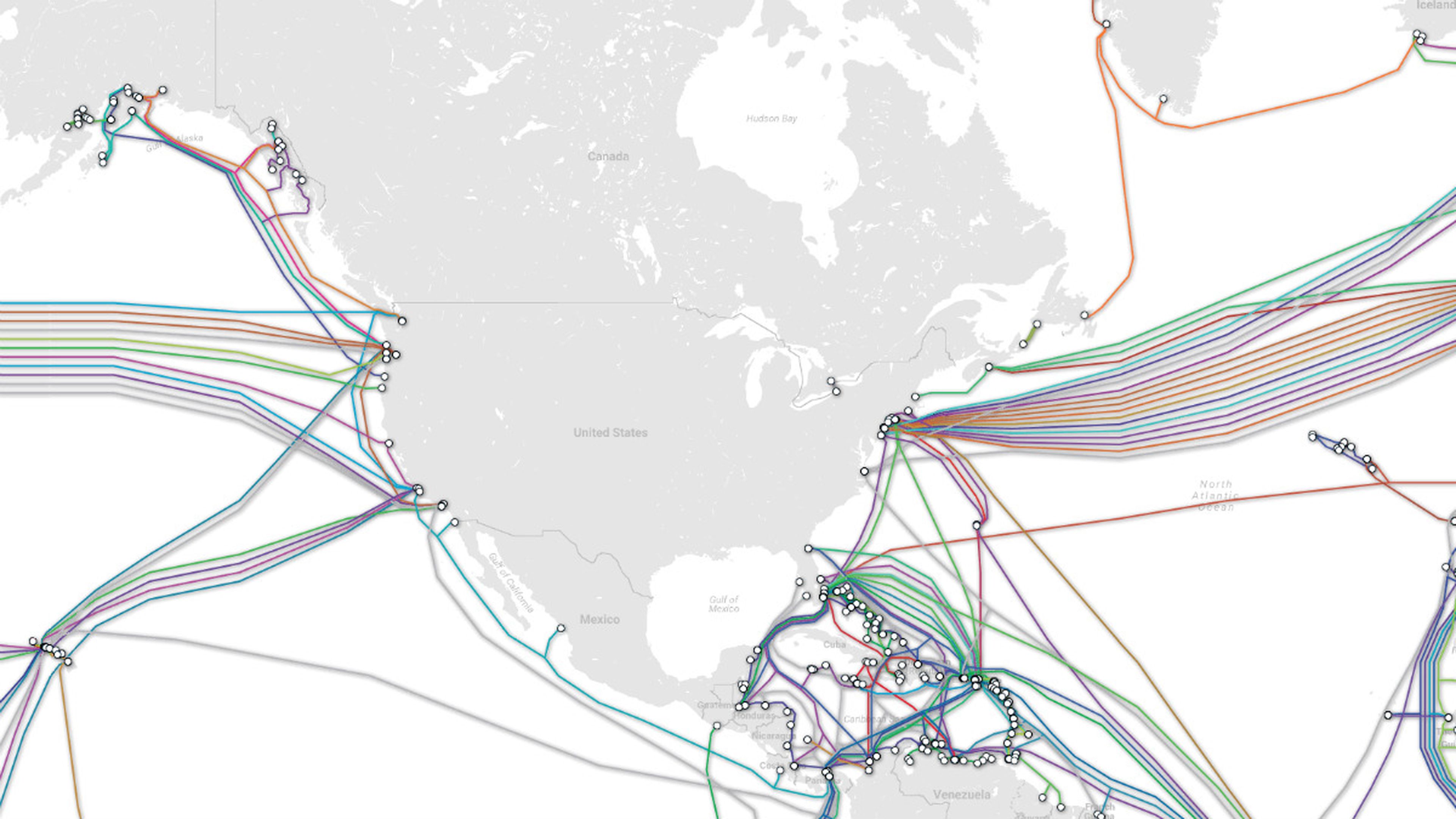 La red de cables en torno a Norteamérica.