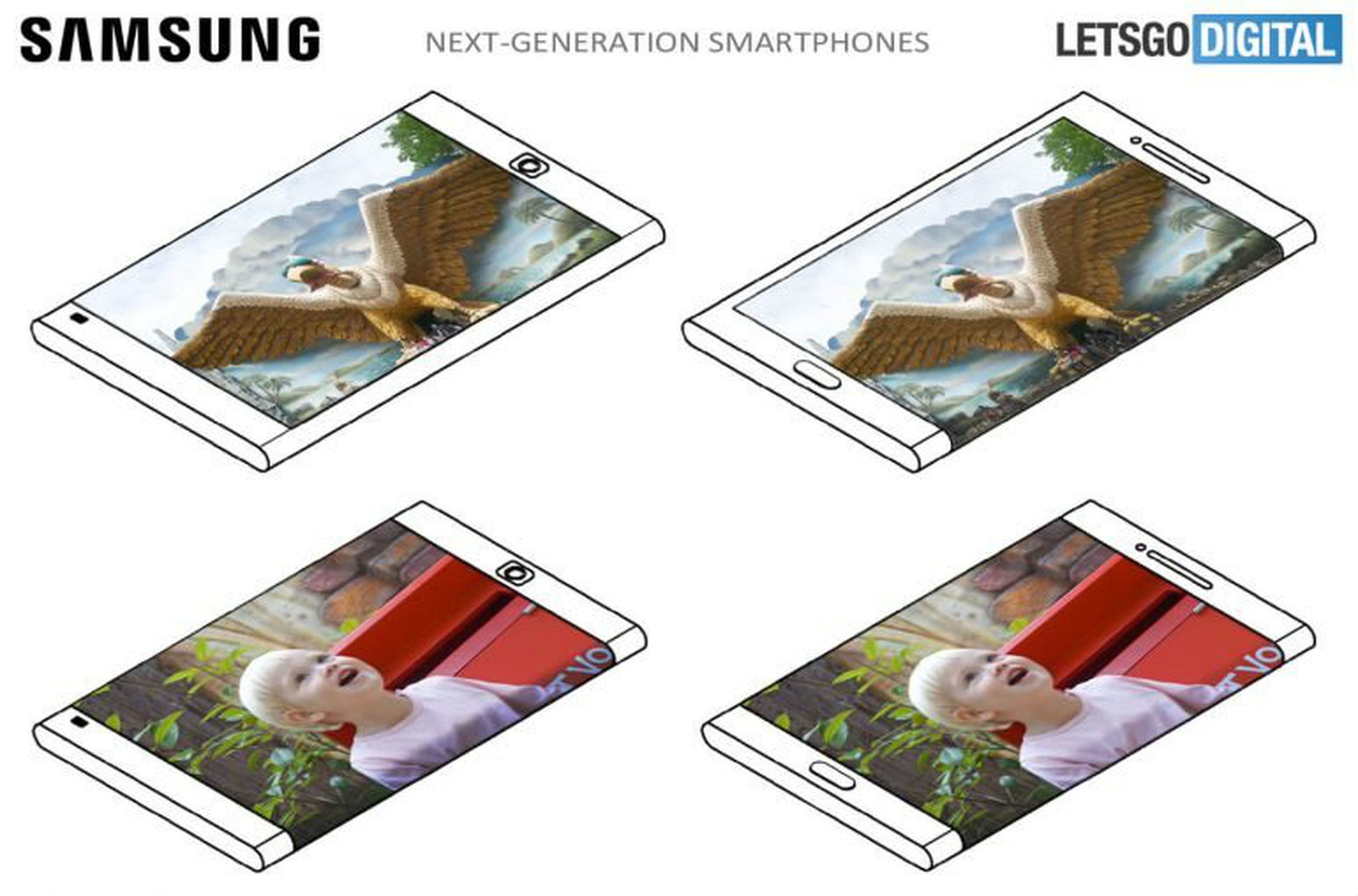 La patente de Samsung publicada el pasado 4 de enero muestra un 'smartphone' con una pantalla que rodea todo el lado derecho del dispositivo.