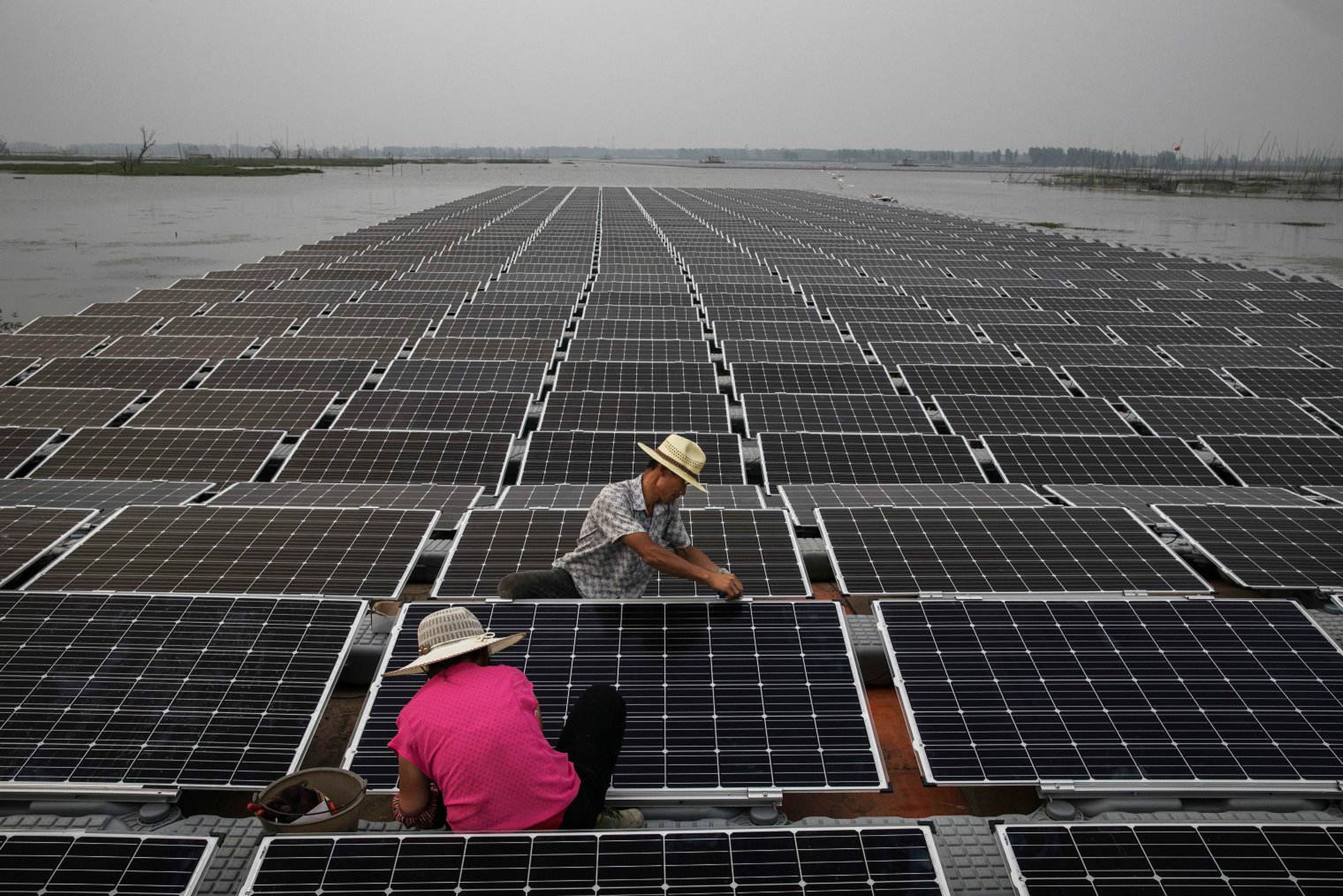 Los trabajadores preparan las placas en el huerto solar chino.