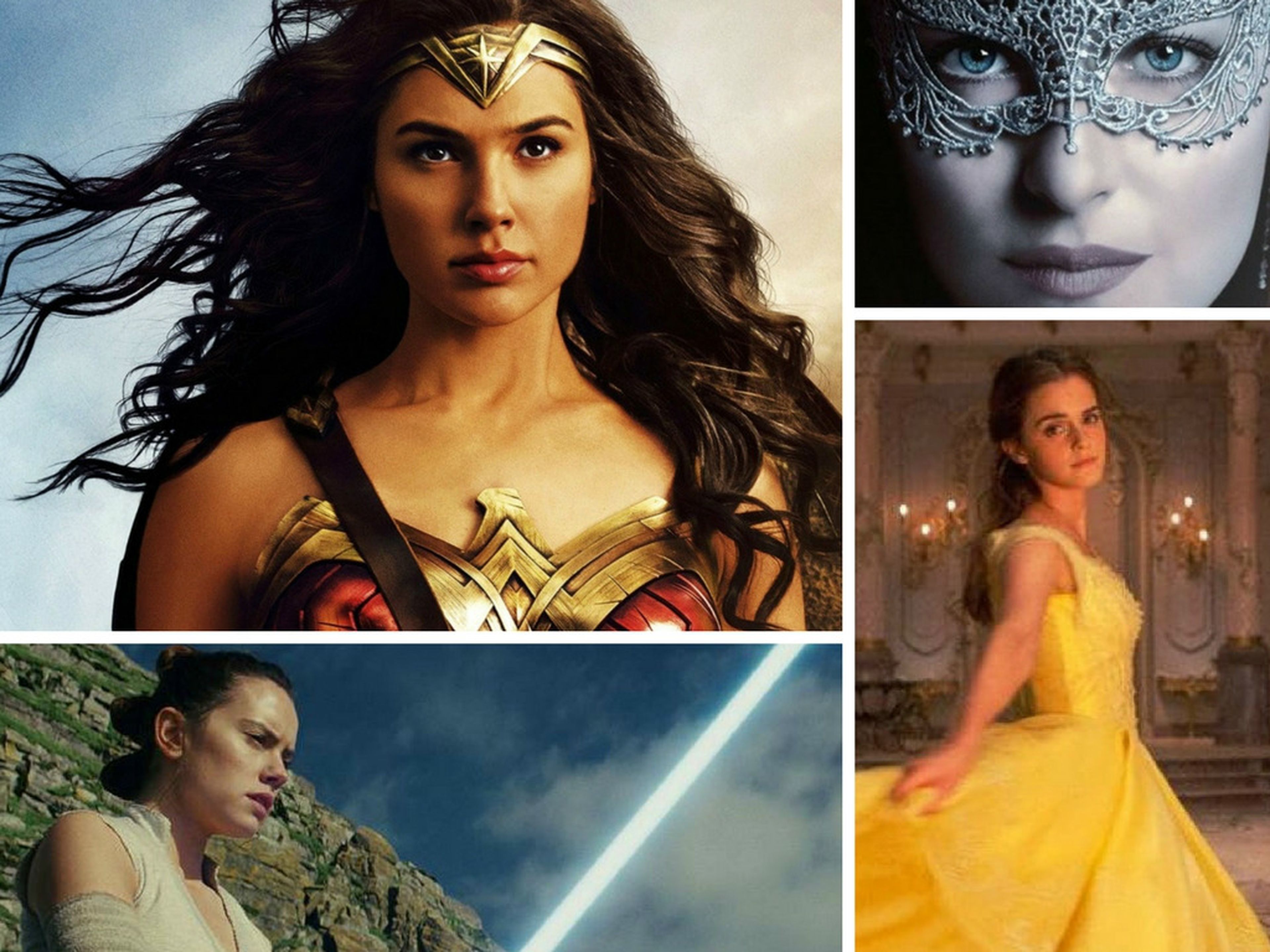 Algunas de las actrices protagonistas del cine en 2017: Gal Gadot (Wonder Woman), Dakota Johnson (50 Sombras Más Oscuras), Daisy Ridley (Star Wars: Los últimos Jedi) y Emma Watson (La Bella y Bestia)