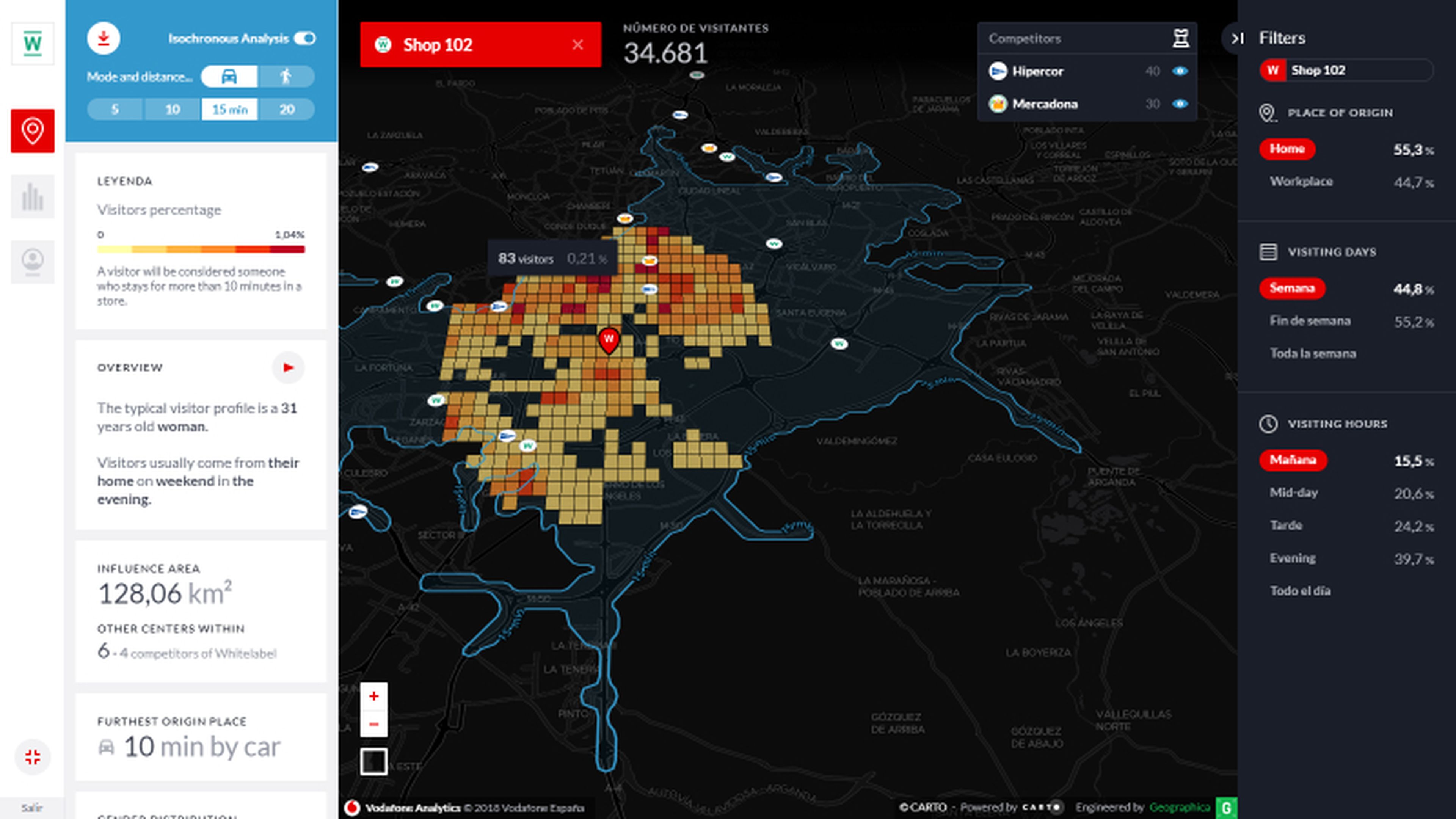 Así se visualiza el mapa que ofrece la herramienta de Vodafone para que las empresas usen Big Data.