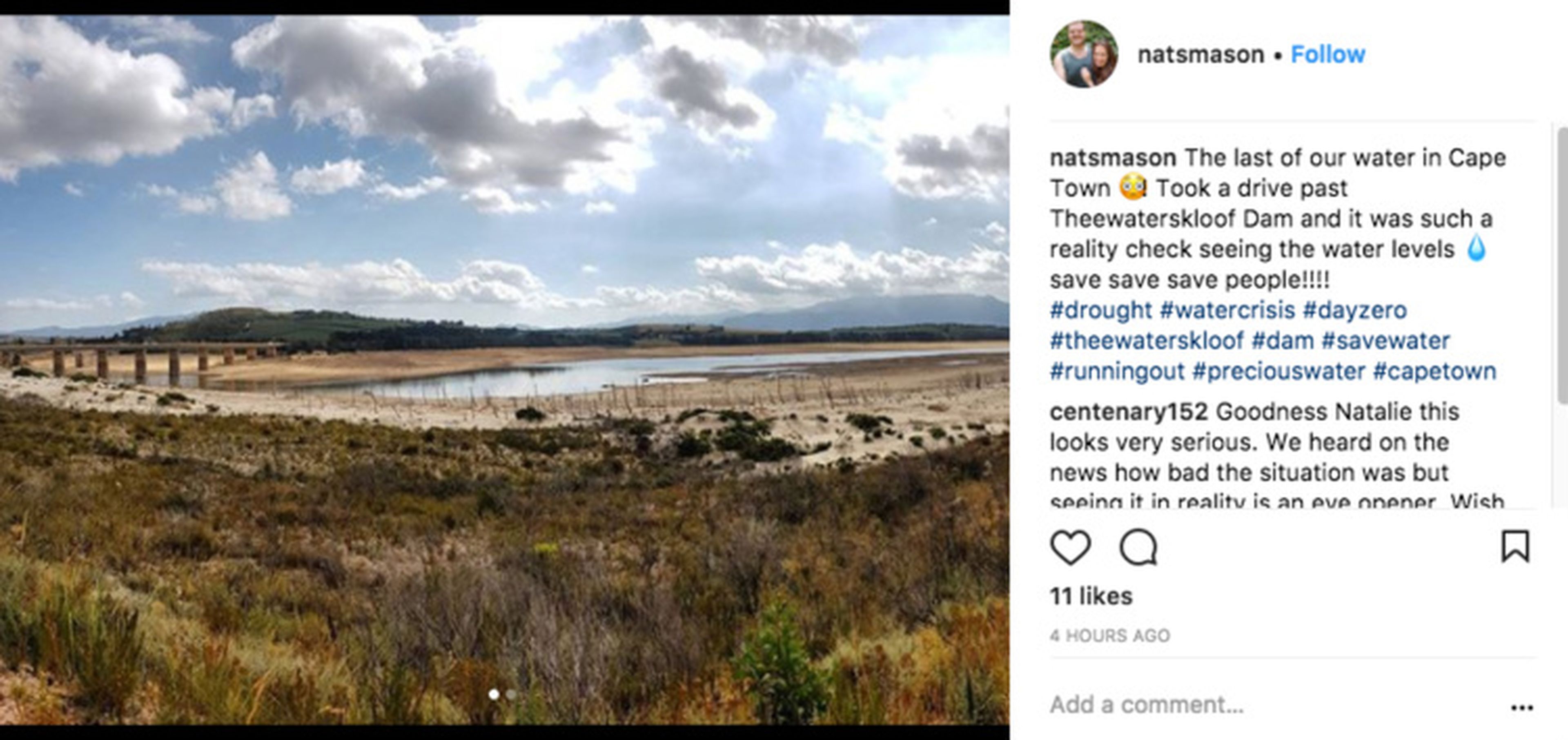 Una foto en Instagram muestra la sequía que sufre Ciudad del Cabo.