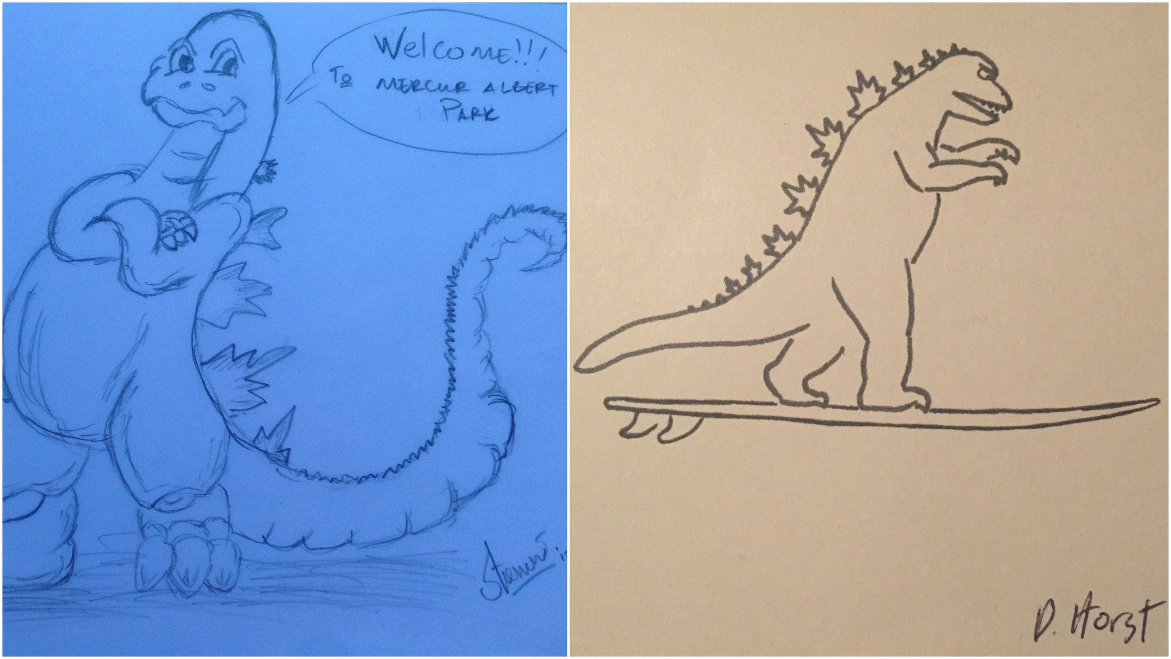 Dibujos de Godzilla que un viajero consiguio en hoteles