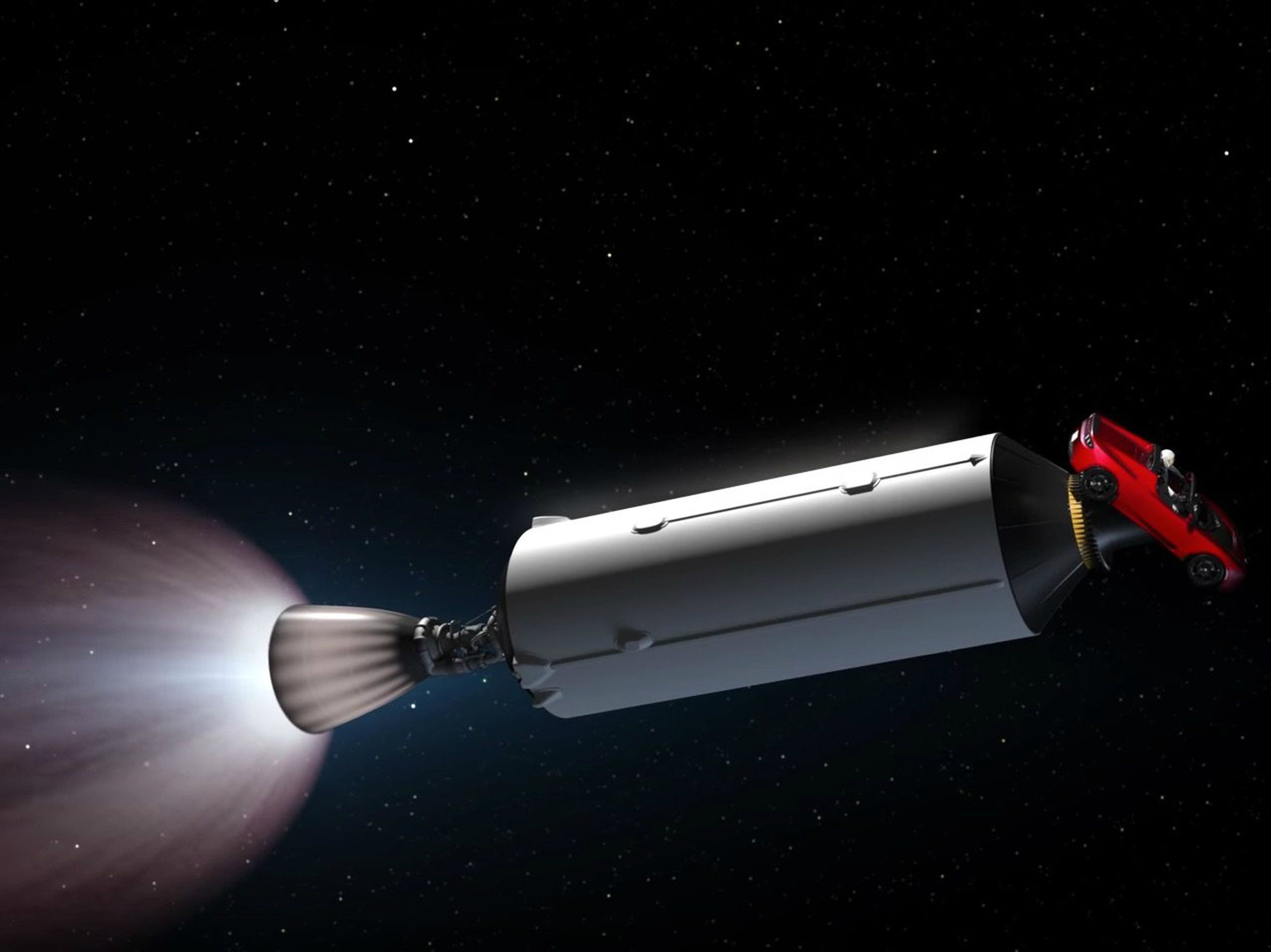 Una simulación del Falcon Heavy en el espacio.