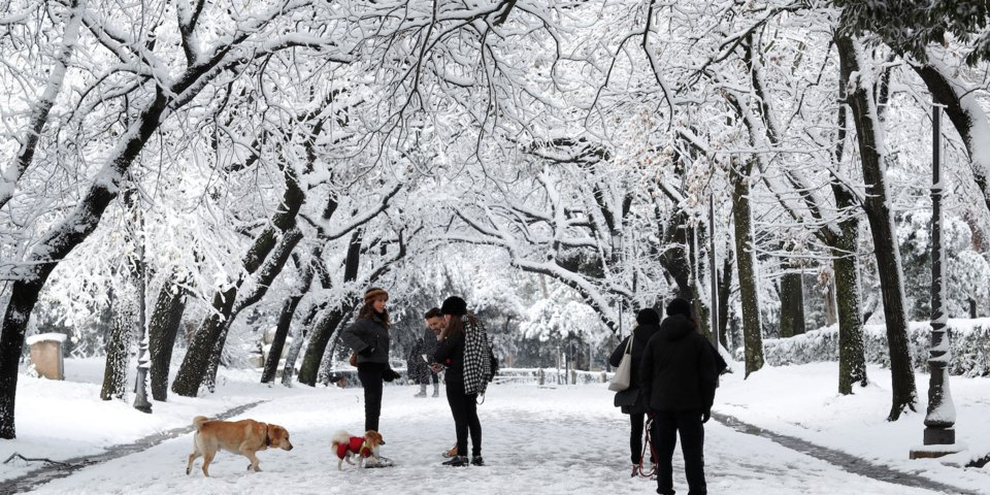 Gente caminando por los alrededores de la Villa Borghese en Roma, tras una inusual tormenta de nieve.