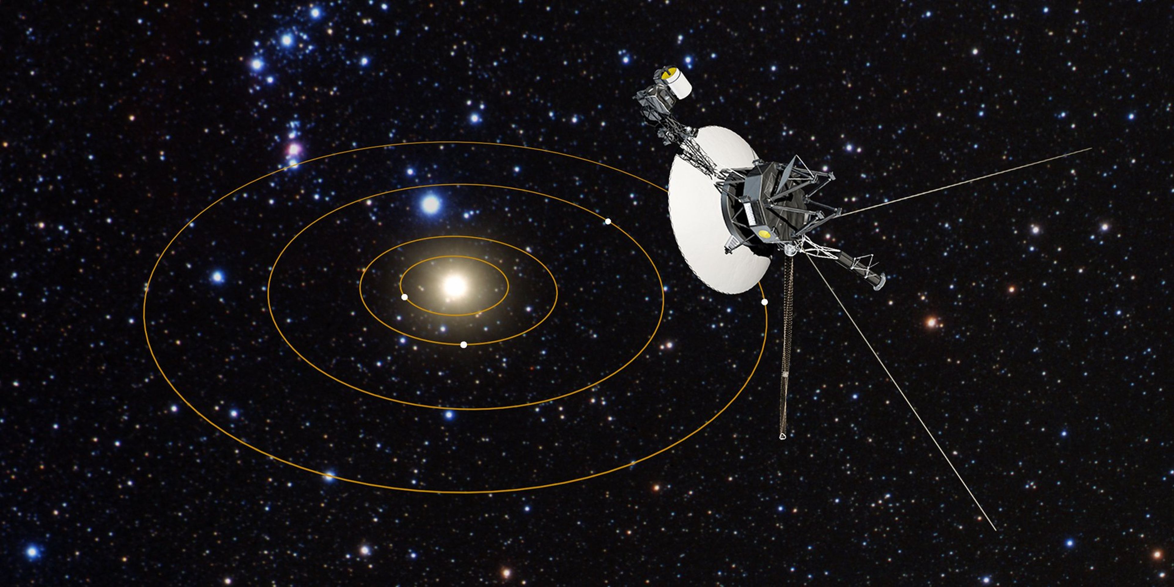 Ilustración de una sonda Voyager abandonando el sistema solar.
