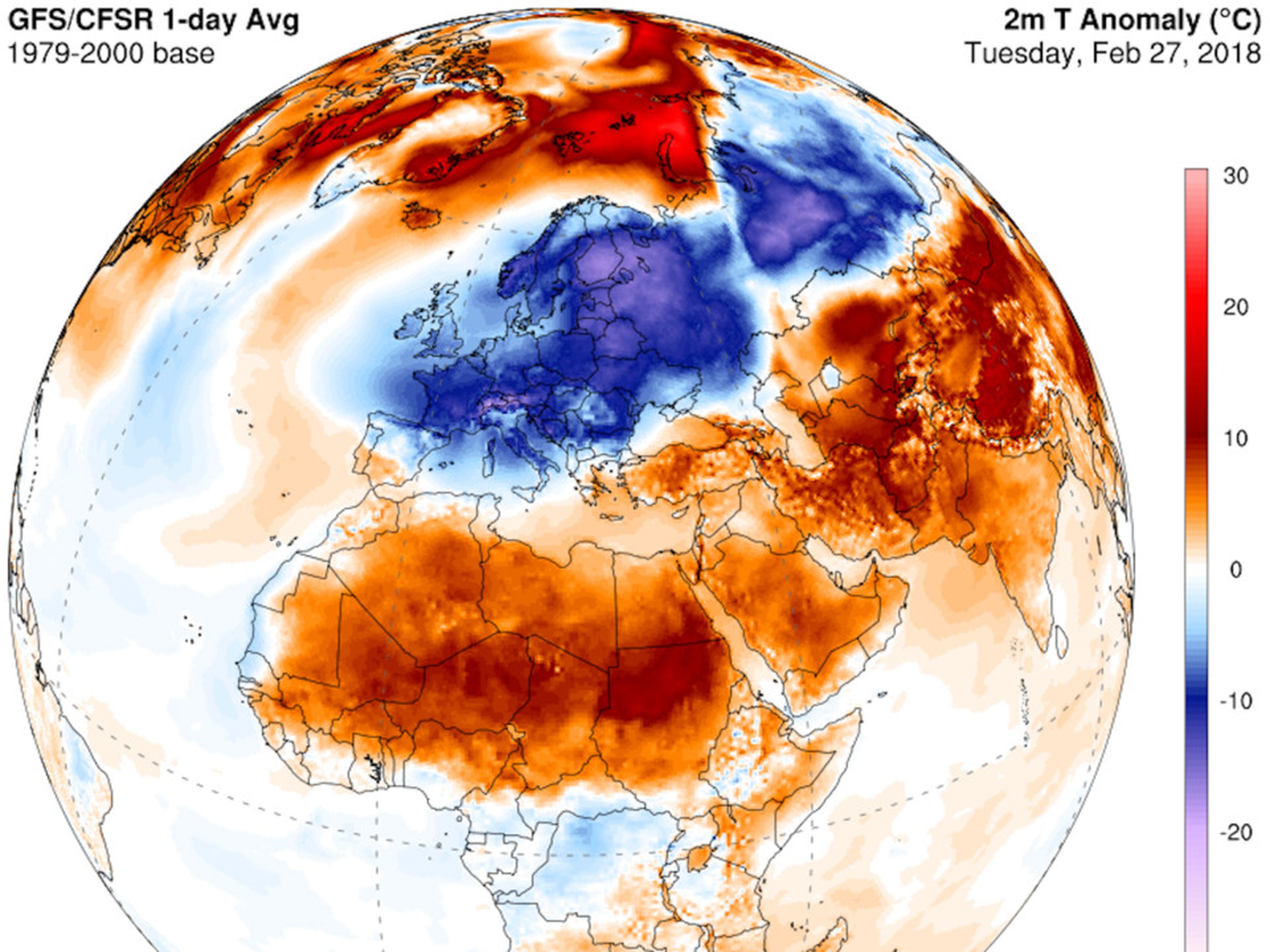 De acuerdo con este mapa, parte de las temperaturas europeas están alcanzando los 20 grados centígrados por debajo de la media, mientras que las regiones árticas se sitúan en torno a los 20 grados centígrados por encima de la media.