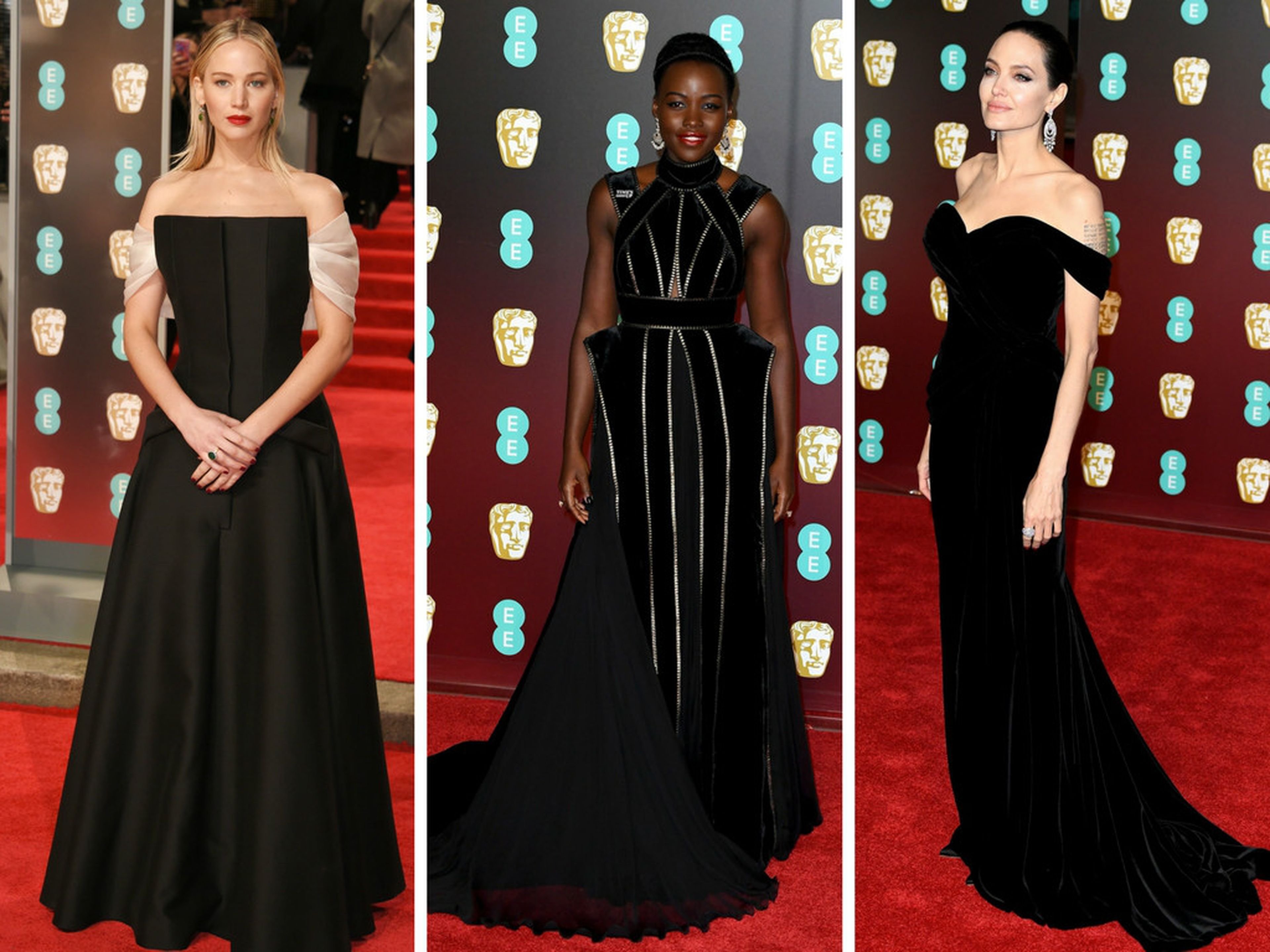 Vestidas de negro, las actrices Jennifer Lawrence, Lupita Nyong'o y Angelina Jolie en la alfombra roja de los Bafta 2018.