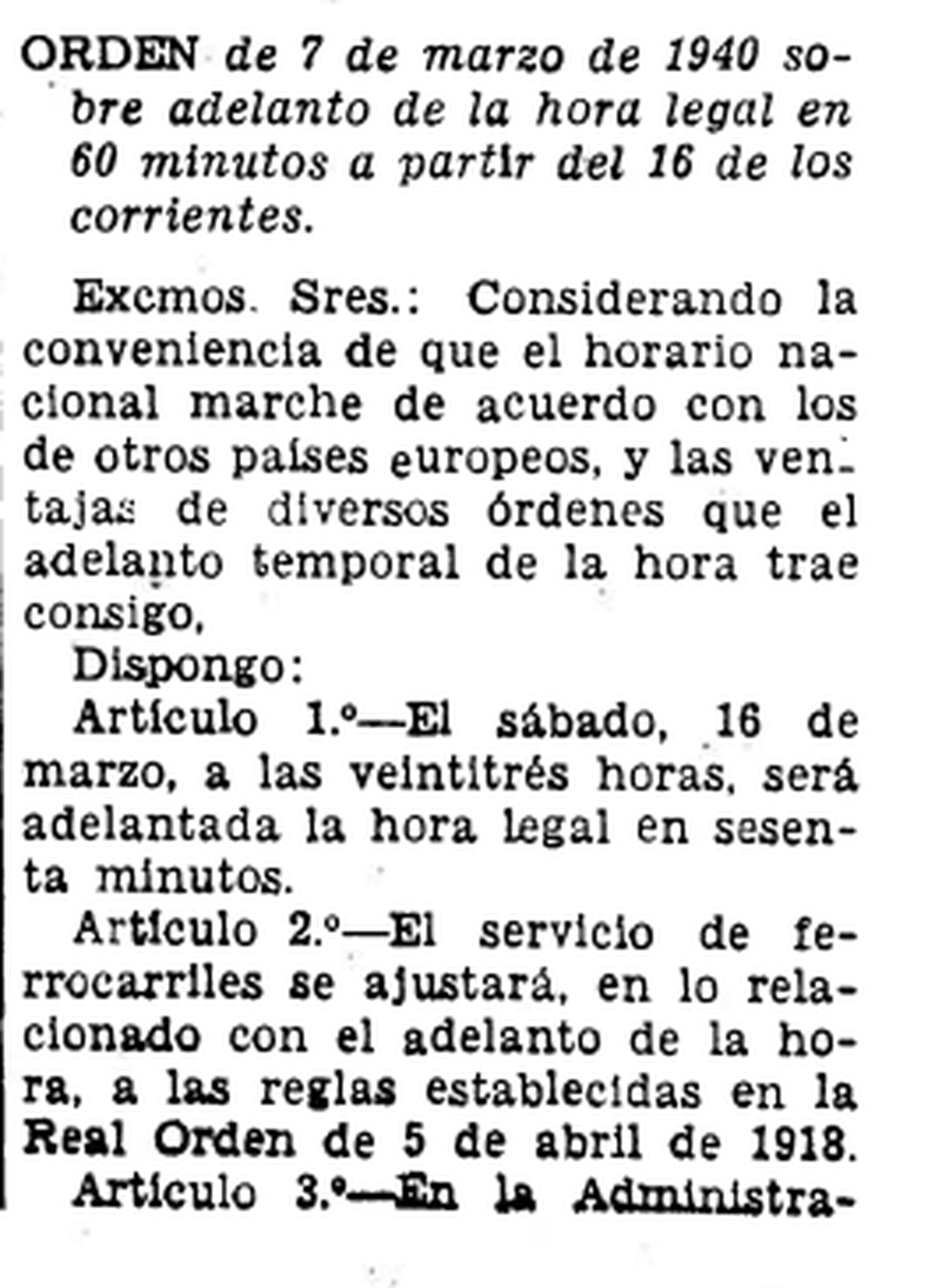 Cambio de hora en España en 1940 publicado en el Boletín Oficial del Estado.