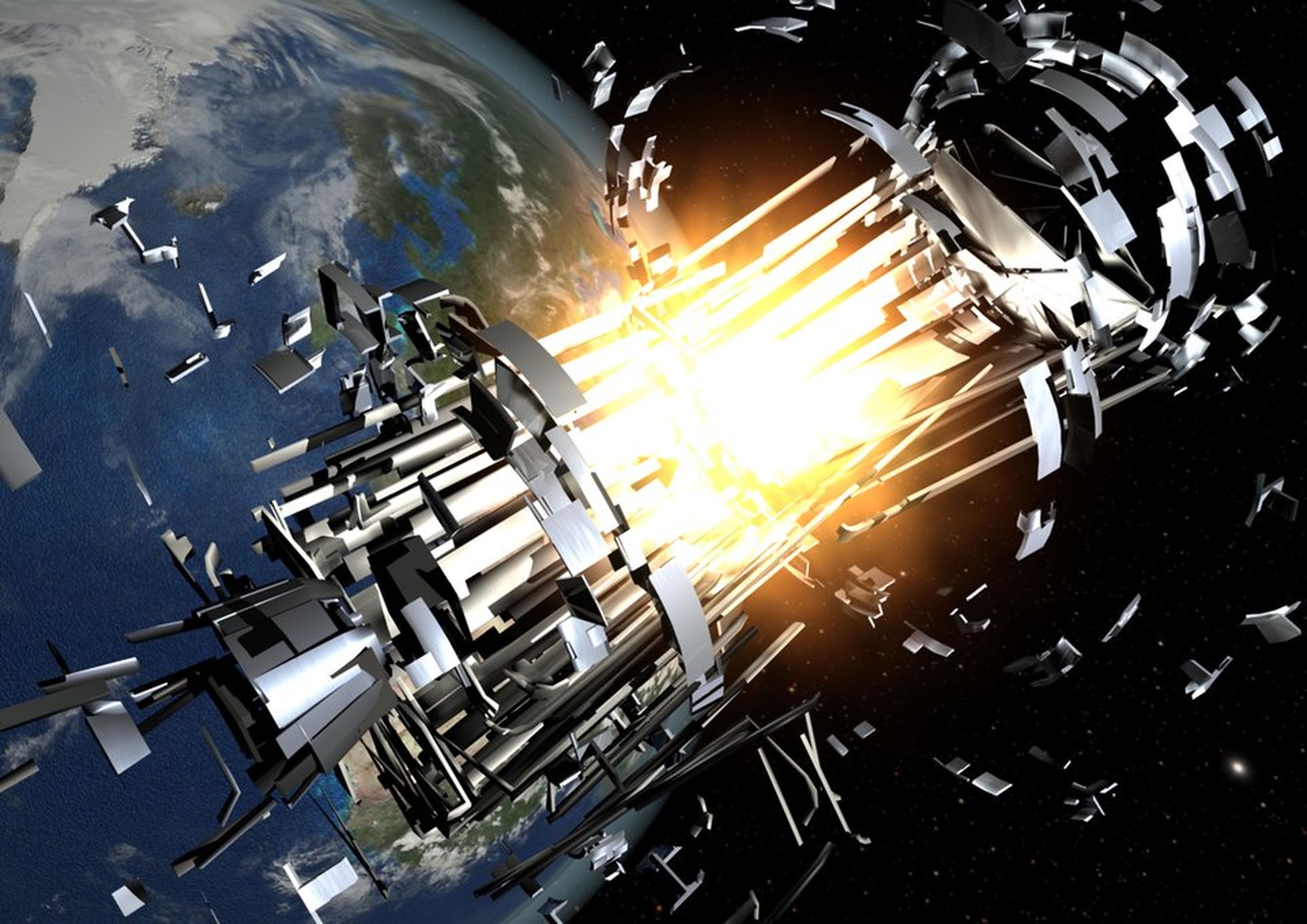 Una ilustración de una explosión de un cohete en el espacio.