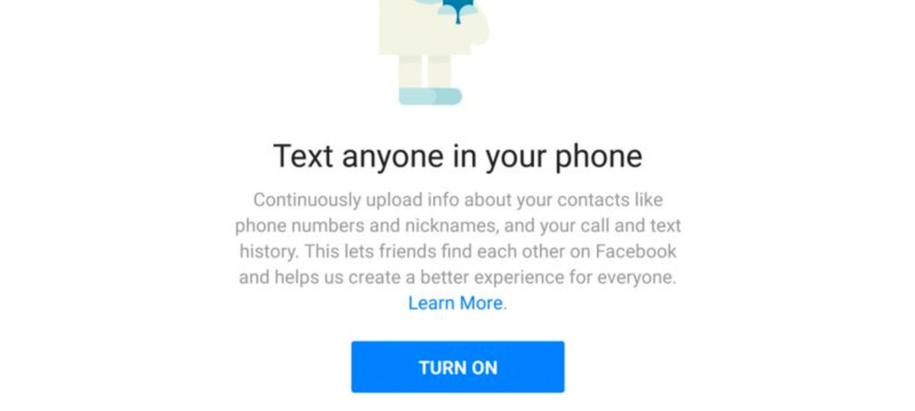 El pantallazo de Facebook Messenger para Android en el que se pide permiso al usuario para compartir su historial telefónico.
