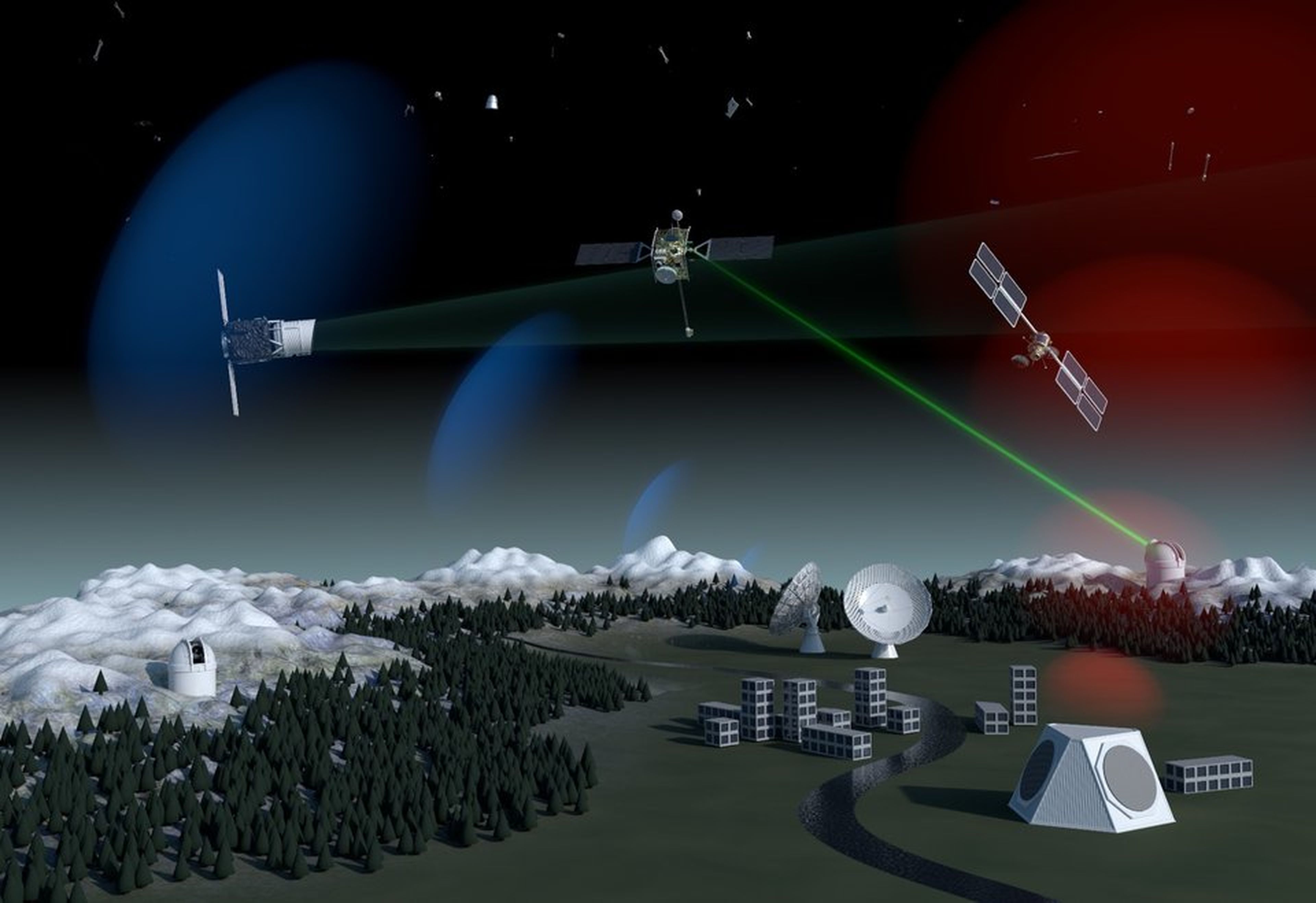 Una ilustración de un futuro sistema de vigilancia de desechos espaciales que utiliza tecnología óptica, radar y láser terrestre, así como satélites de estudio en órbita.