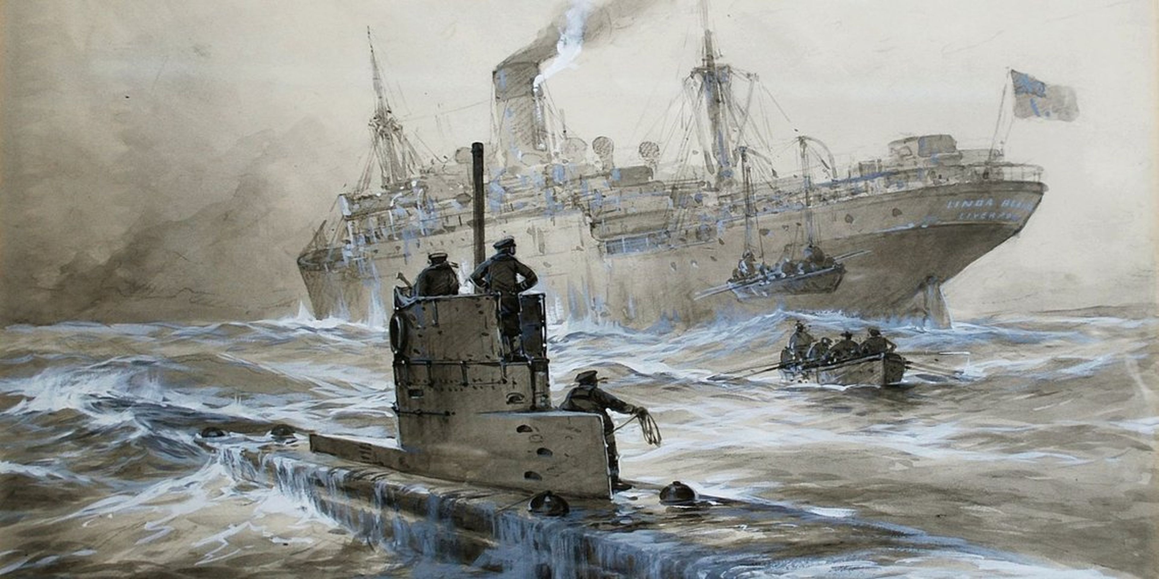 Una representación artística de un ataque submarino en 1915.