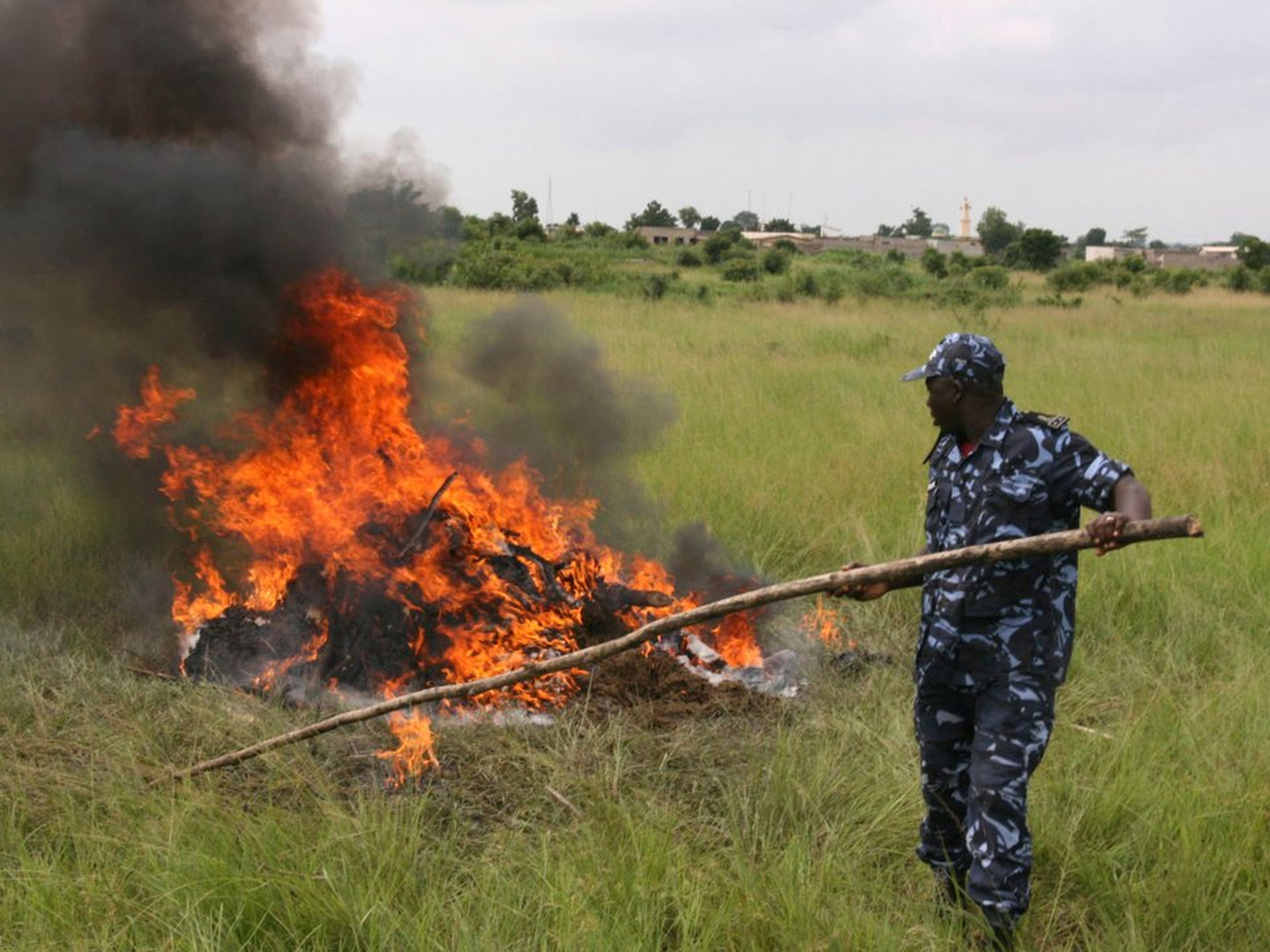 Un policía togolés quema marihuana incautada.