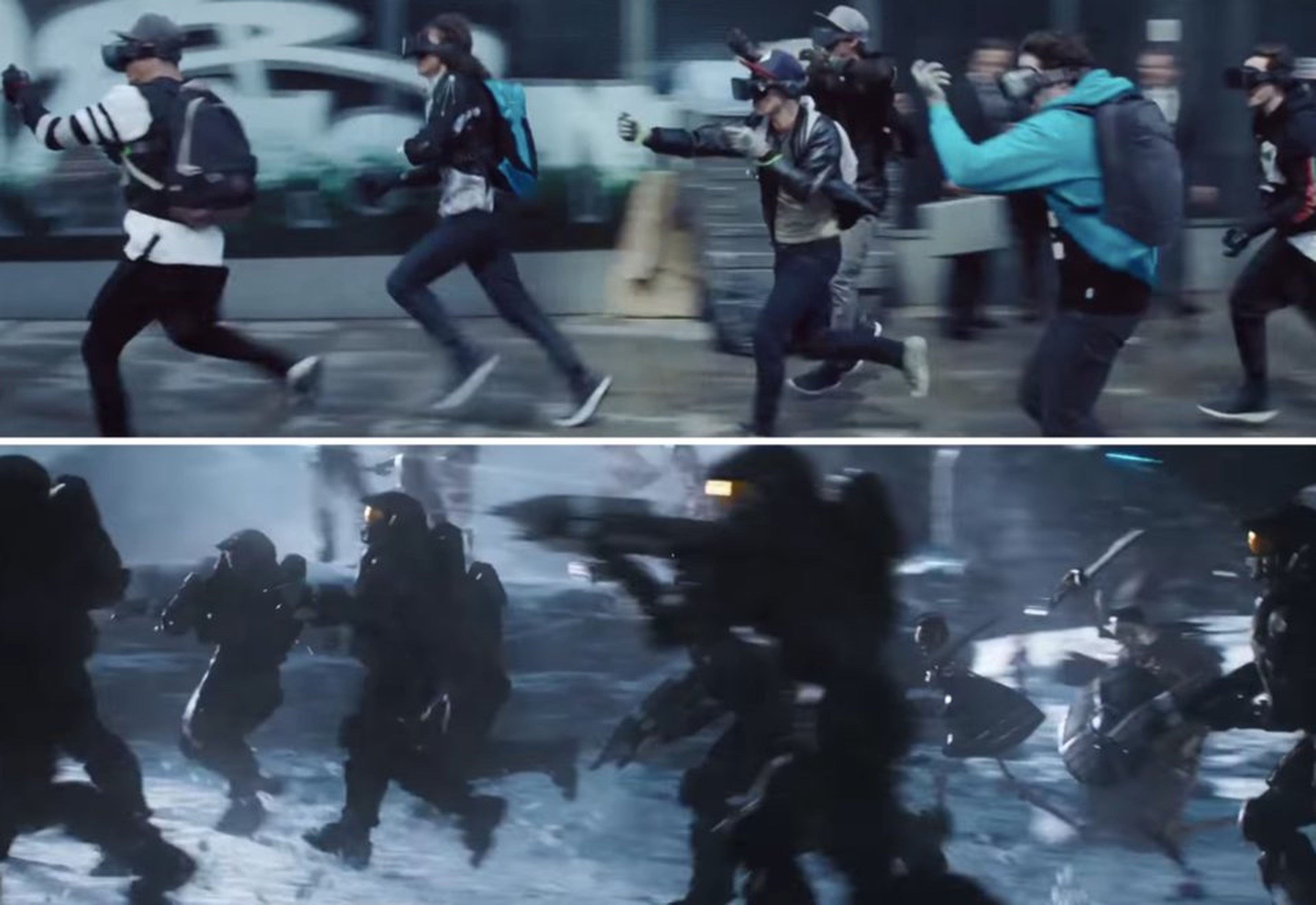En "Ready Player One", los jugadores con dispositivos de VR corren por las calles con los controles en la mano, pero en el Oasis parecen personajes del juego "Halo" en batalla.