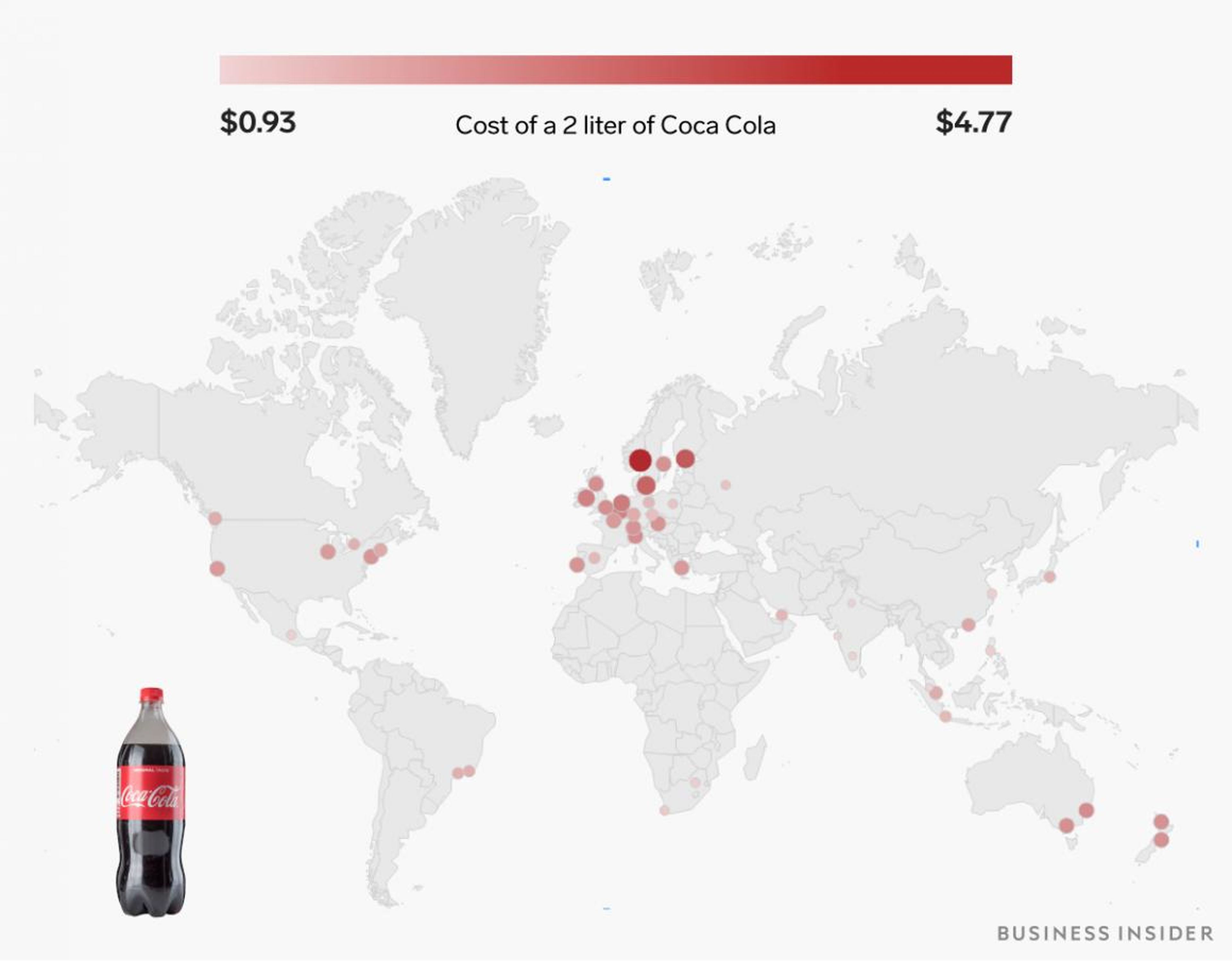 A 2-liter bottle of Coca-Cola ranges from under $1 to $5.