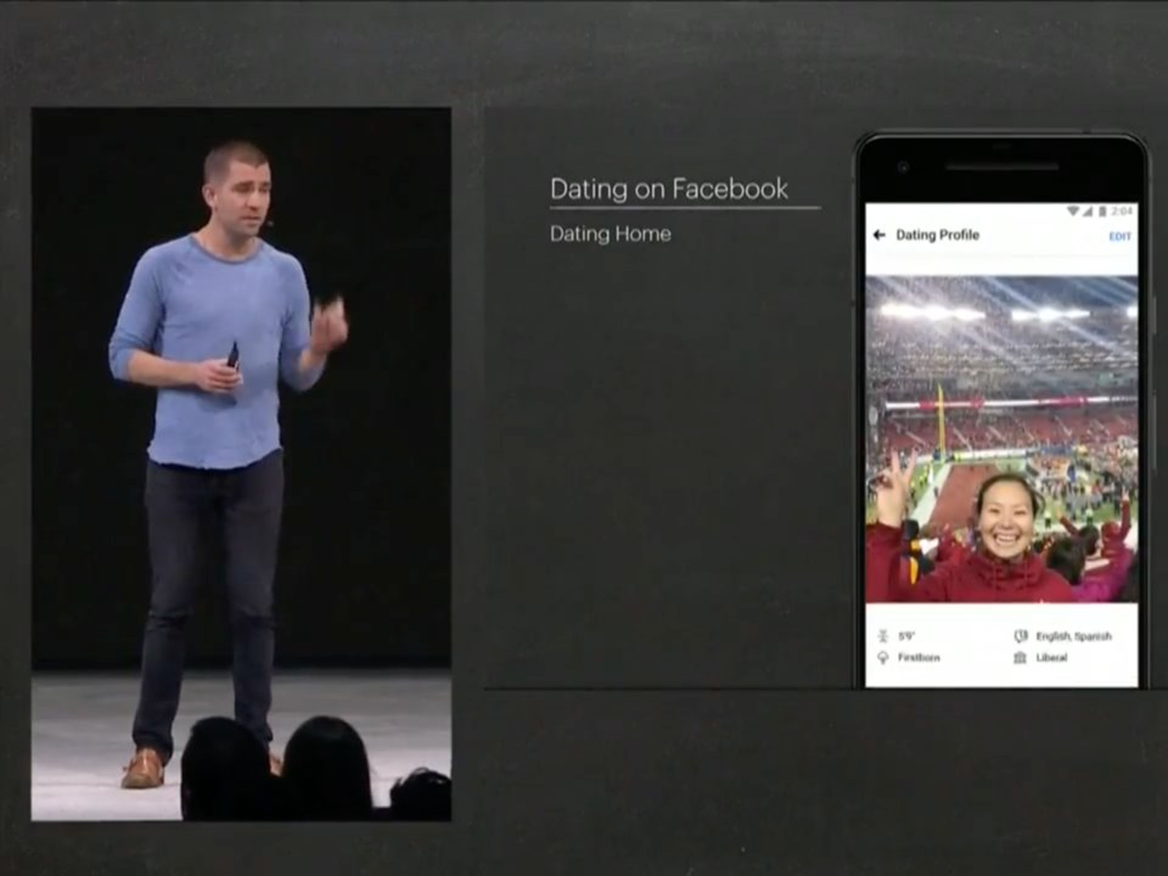 El jefe de producto de Facebook, Chris Cox, presentando la app de citas "Dating home".