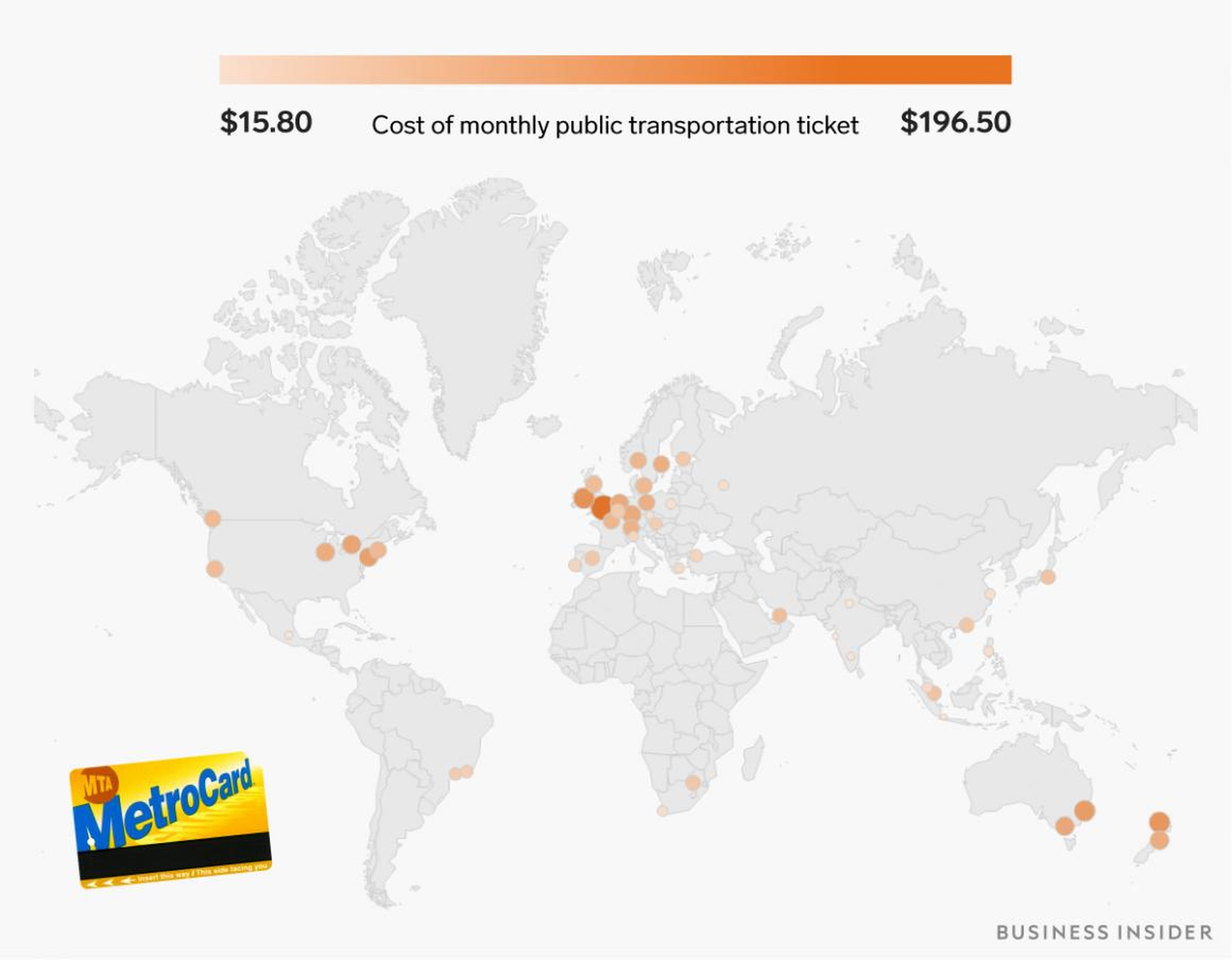 A monthly public transportation ticket ranges from $15 to nearly $200.
