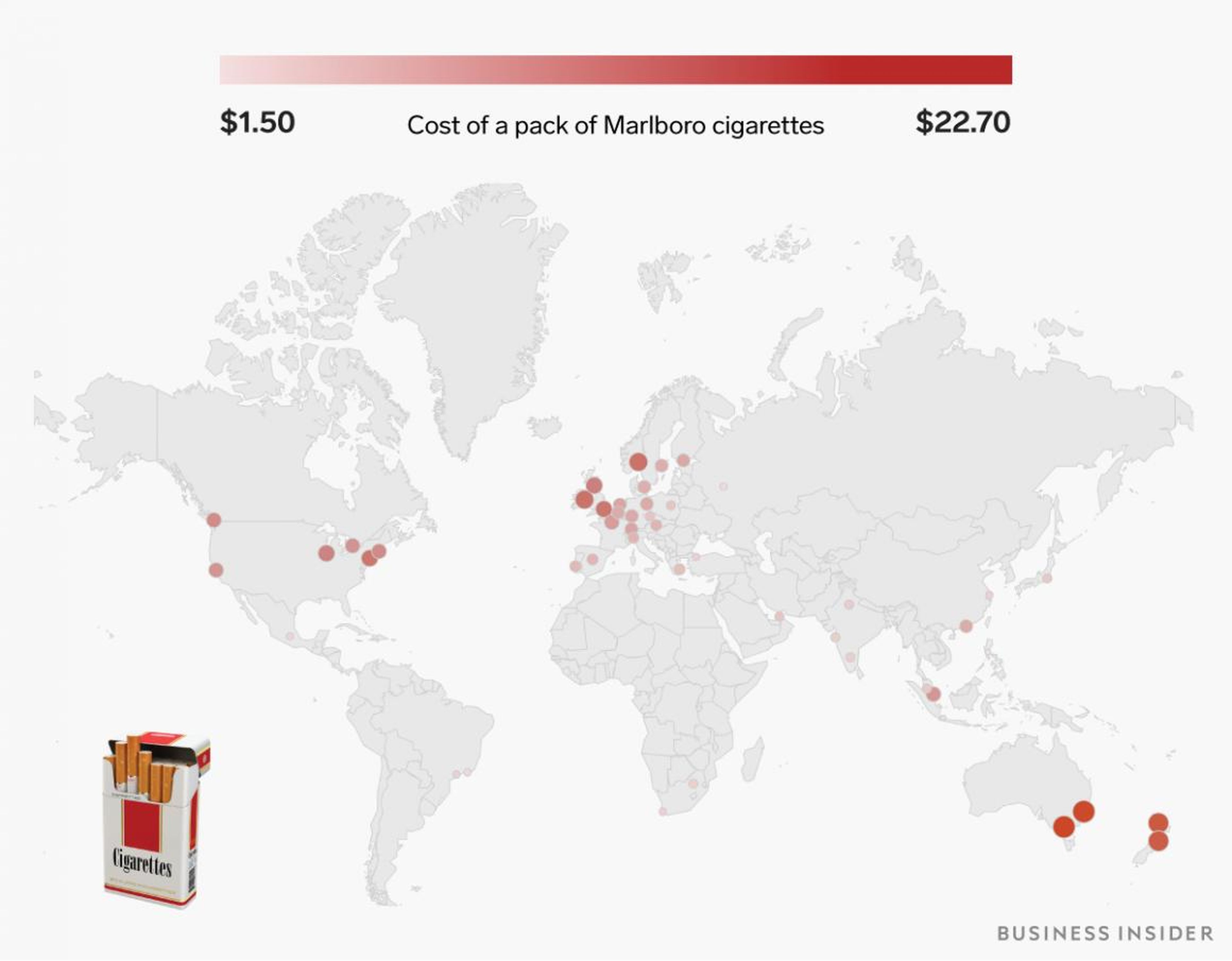 A pack of Marlboro cigarettes ranges from $1.50 to over $22.
