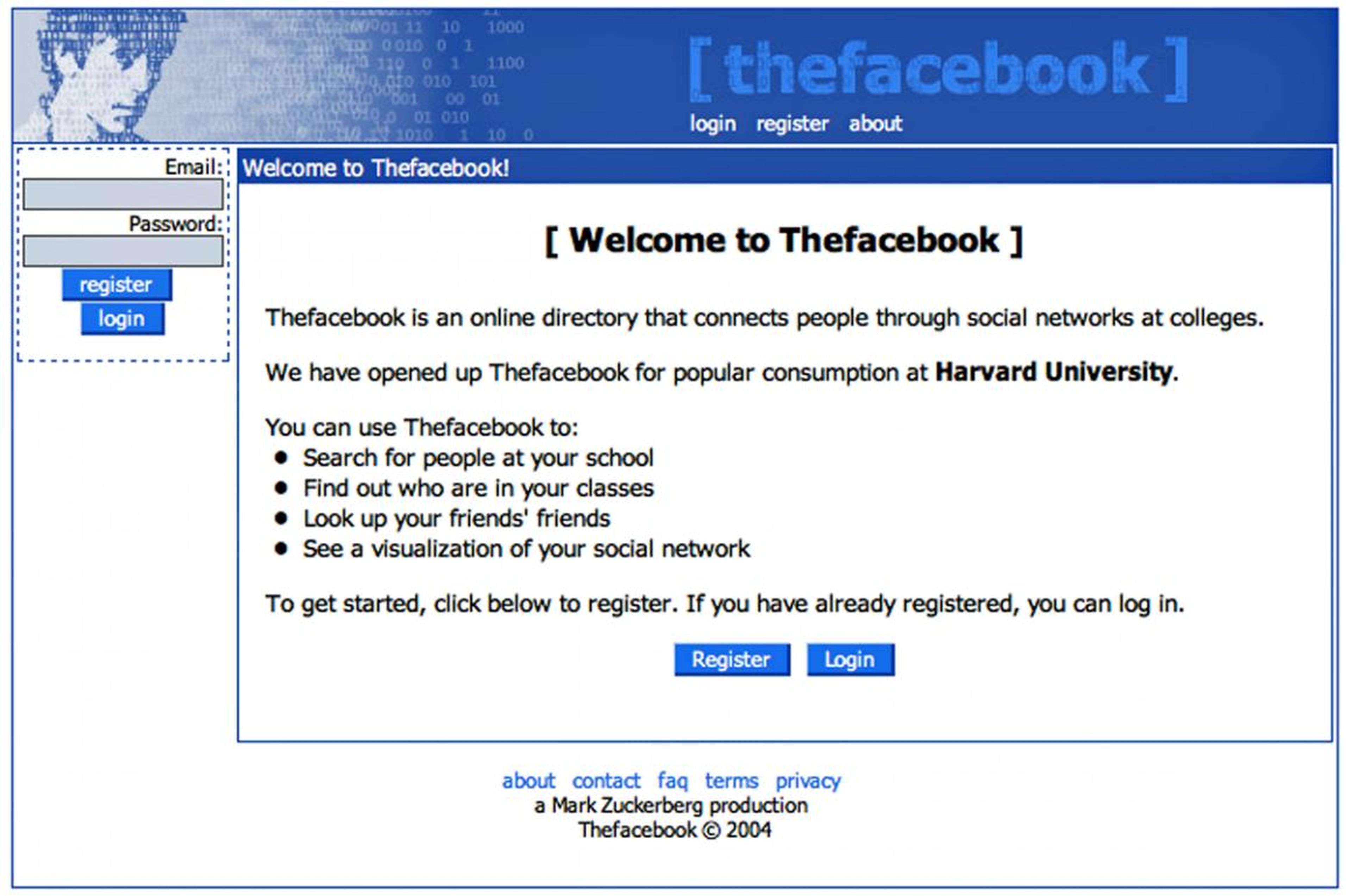 Sin dejarse intimidar por la debacle de Facemash, Zuckerberg lanzó The Facebook el 4 de febrero de 2004.