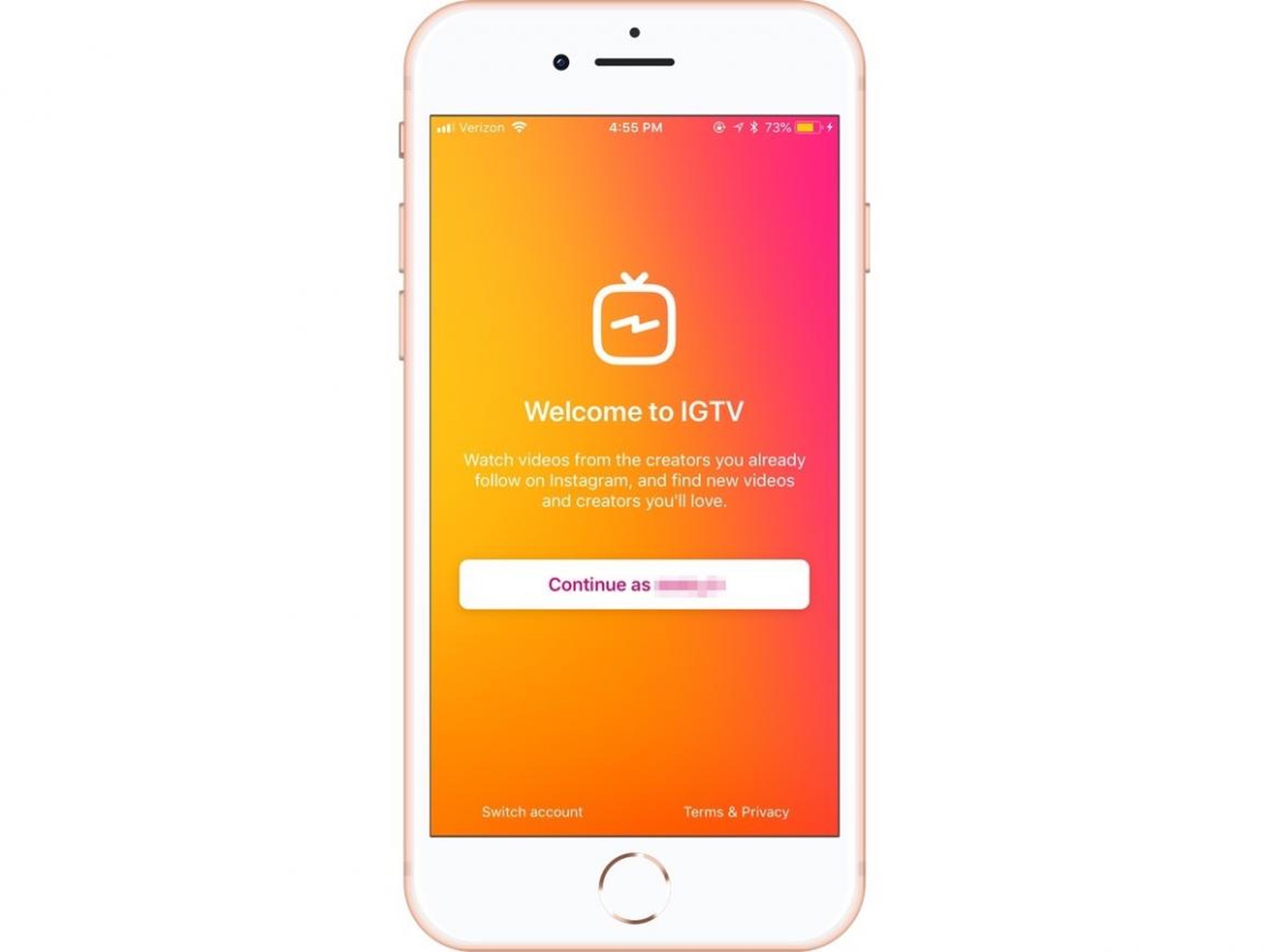 Because IGTV and Instagram work closely together, you don't have to create a separate IGTV login. As long as you're logged into the main Instagram app, all you have to do is hit "Continue."