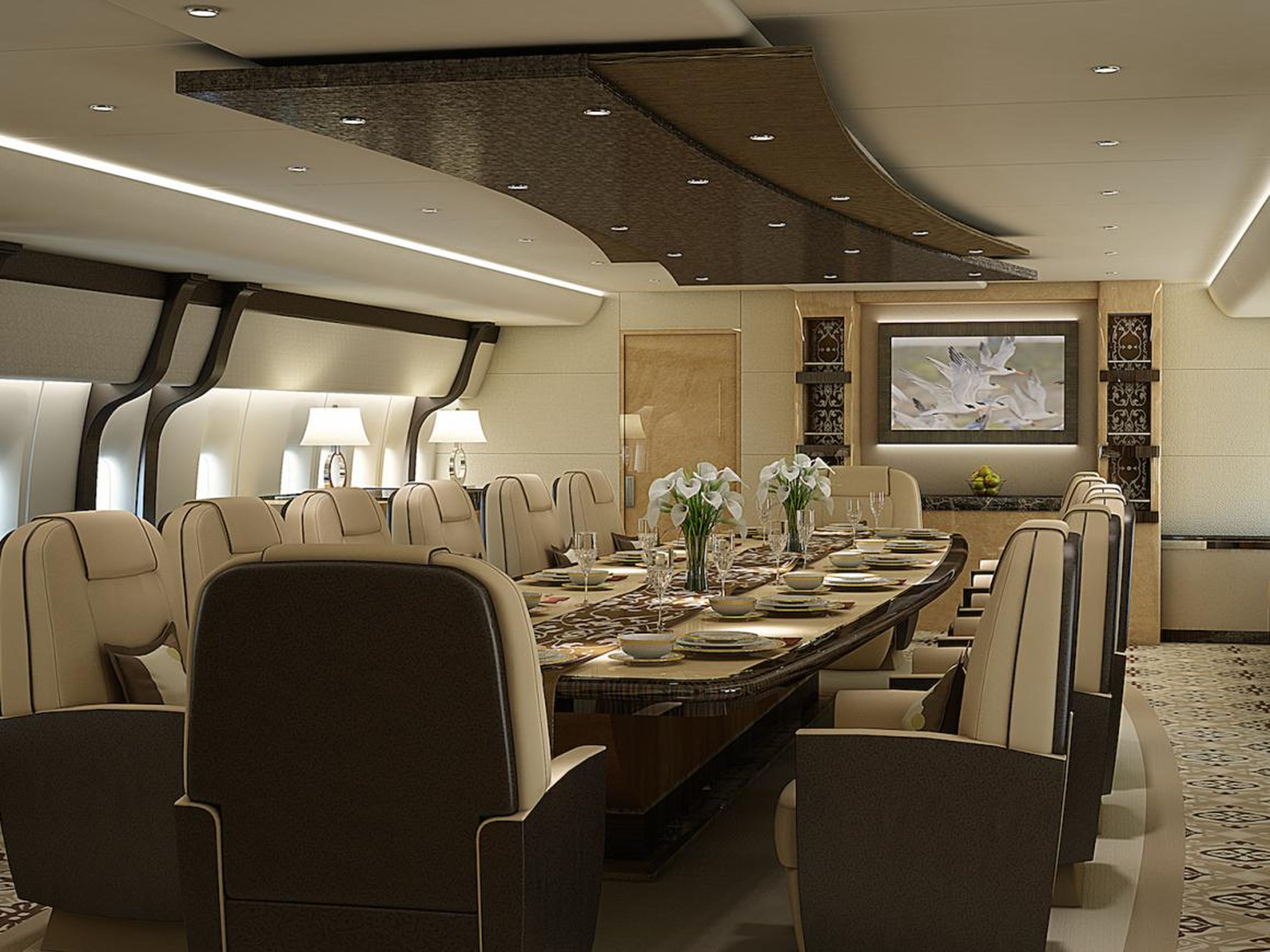 The dining room aboard a Boeing 747-8I private jet.