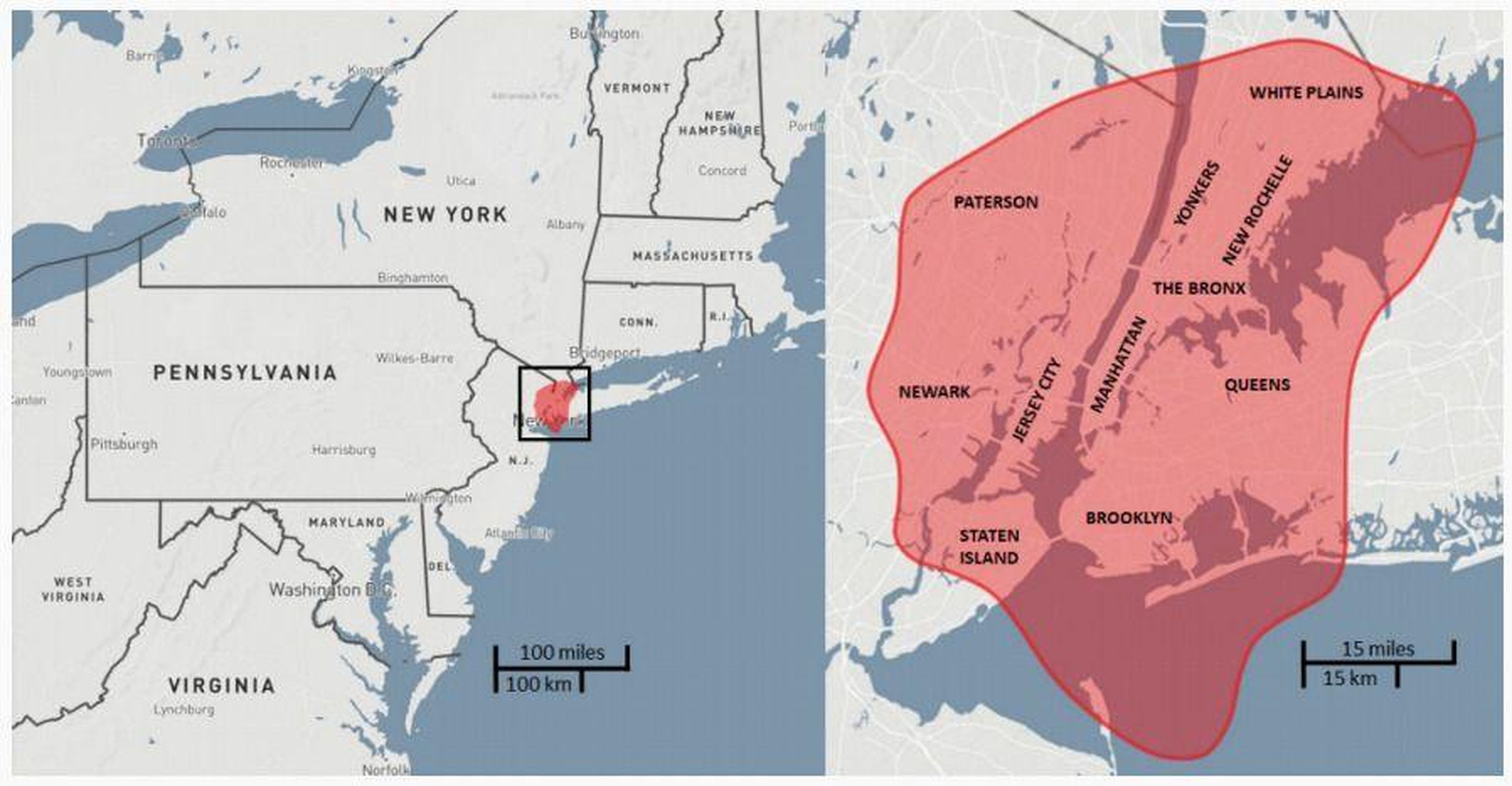 Área de destrucción equivalente para un asteroide del tamaño de Tunguska sobre la ciudad de Nueva York.