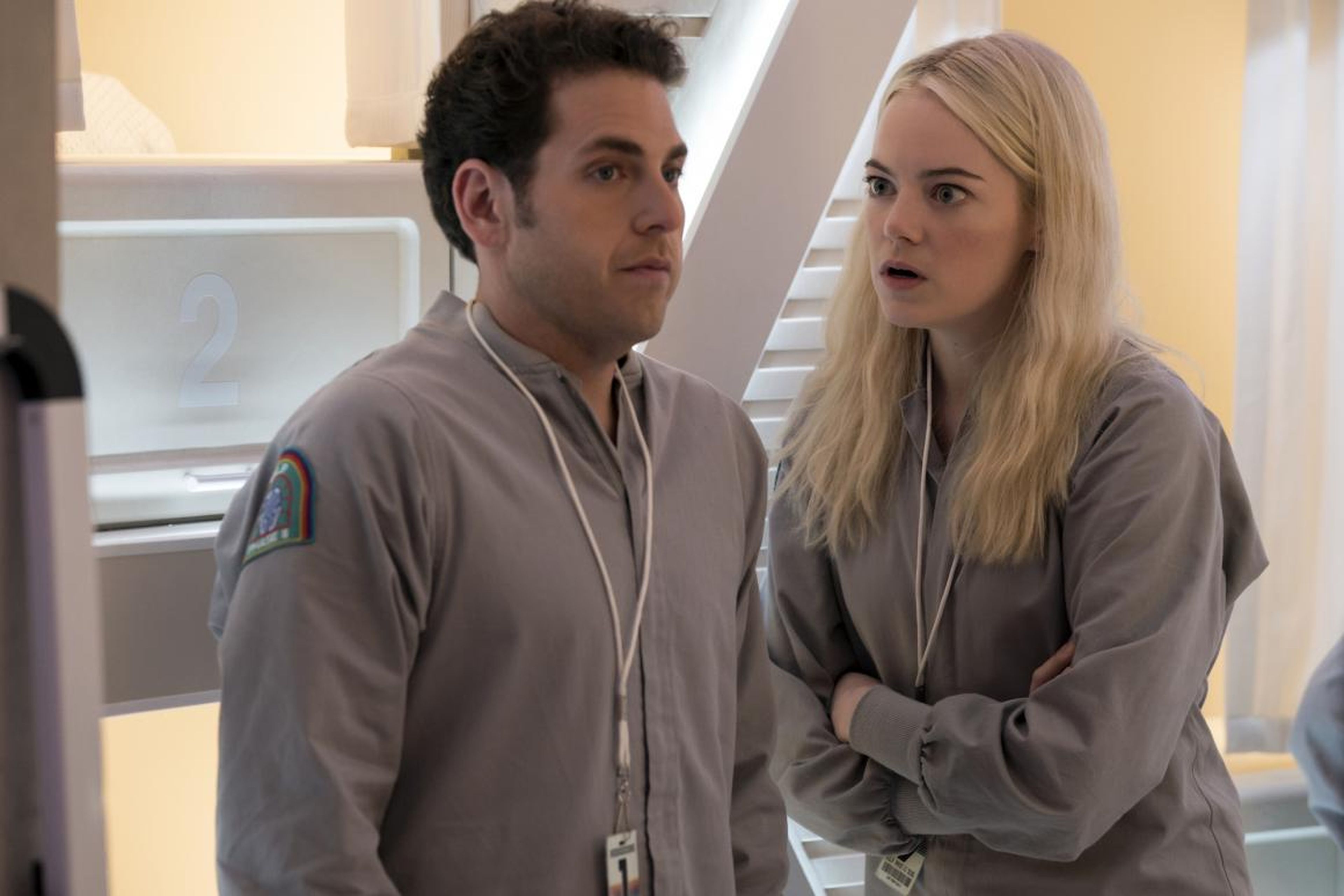 Jonah Hill and Emma Stone in the upcoming Netflix series "Maniac."