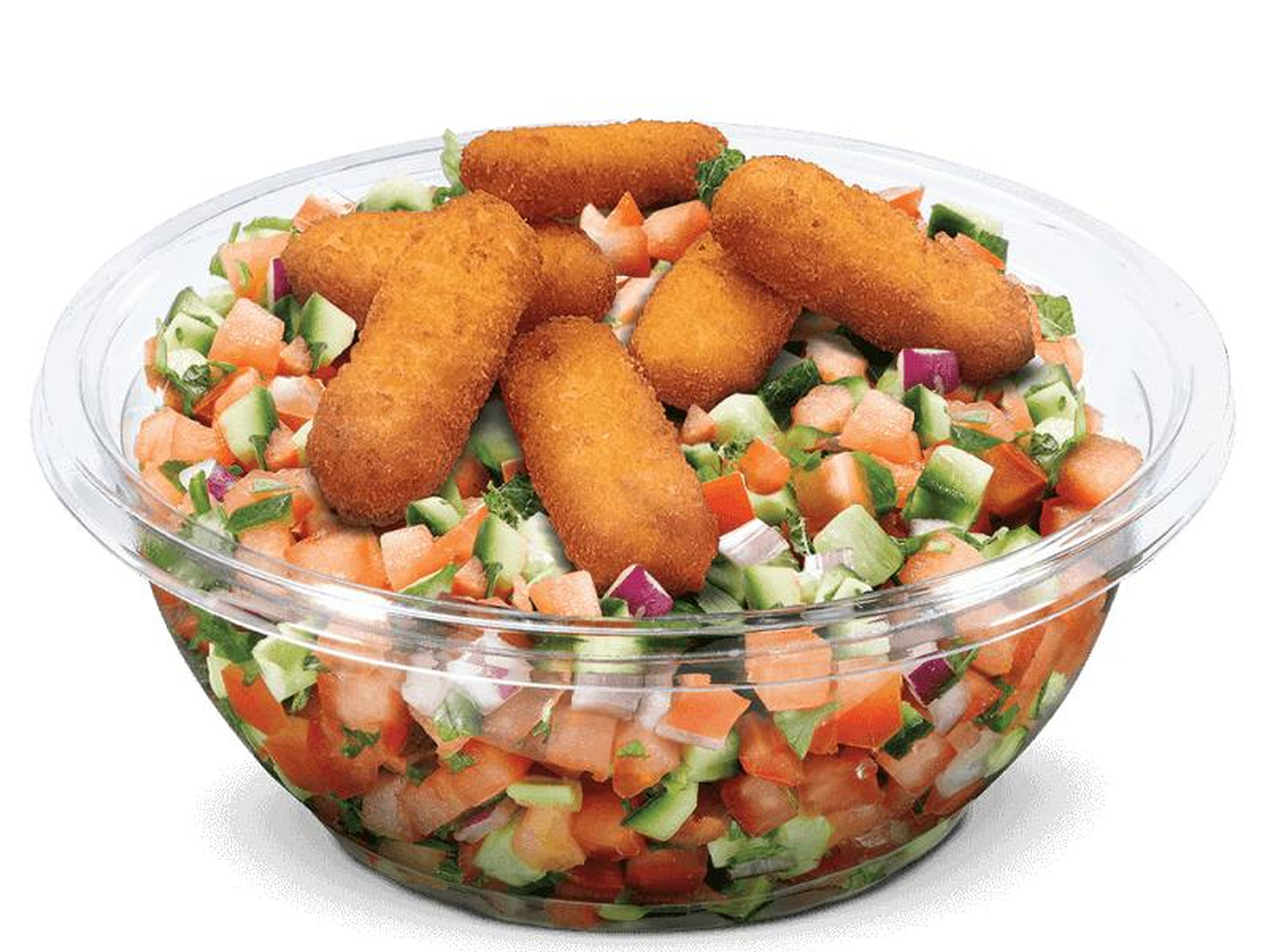 For one of the 15 salad options on McDonald's Israel's menu, fresh chopped vegetables are topped with olive oil, lemon, and fried corn sticks.