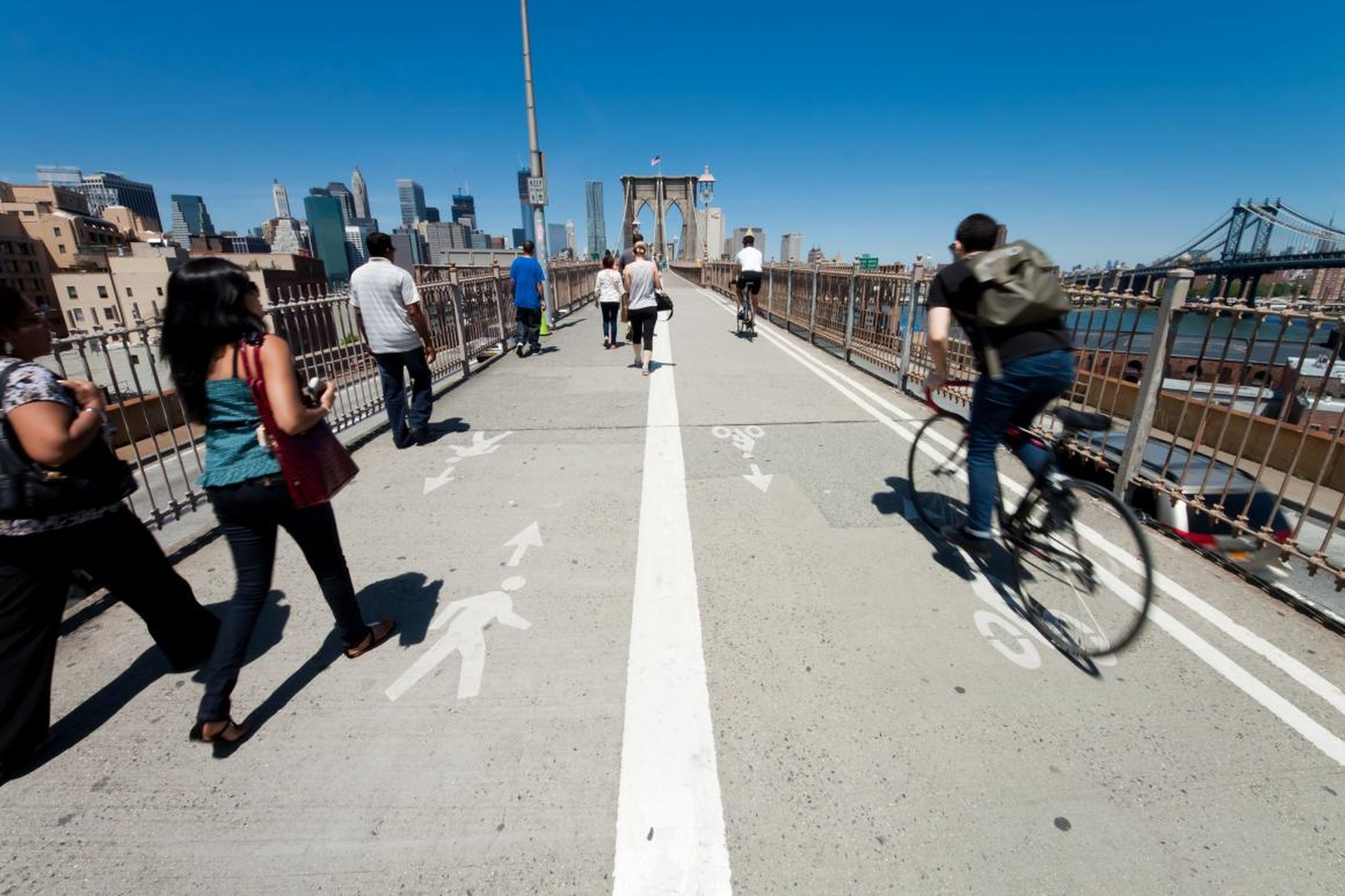 The pedestrian and bike lanes on the Brooklyn Bridge in NYC.