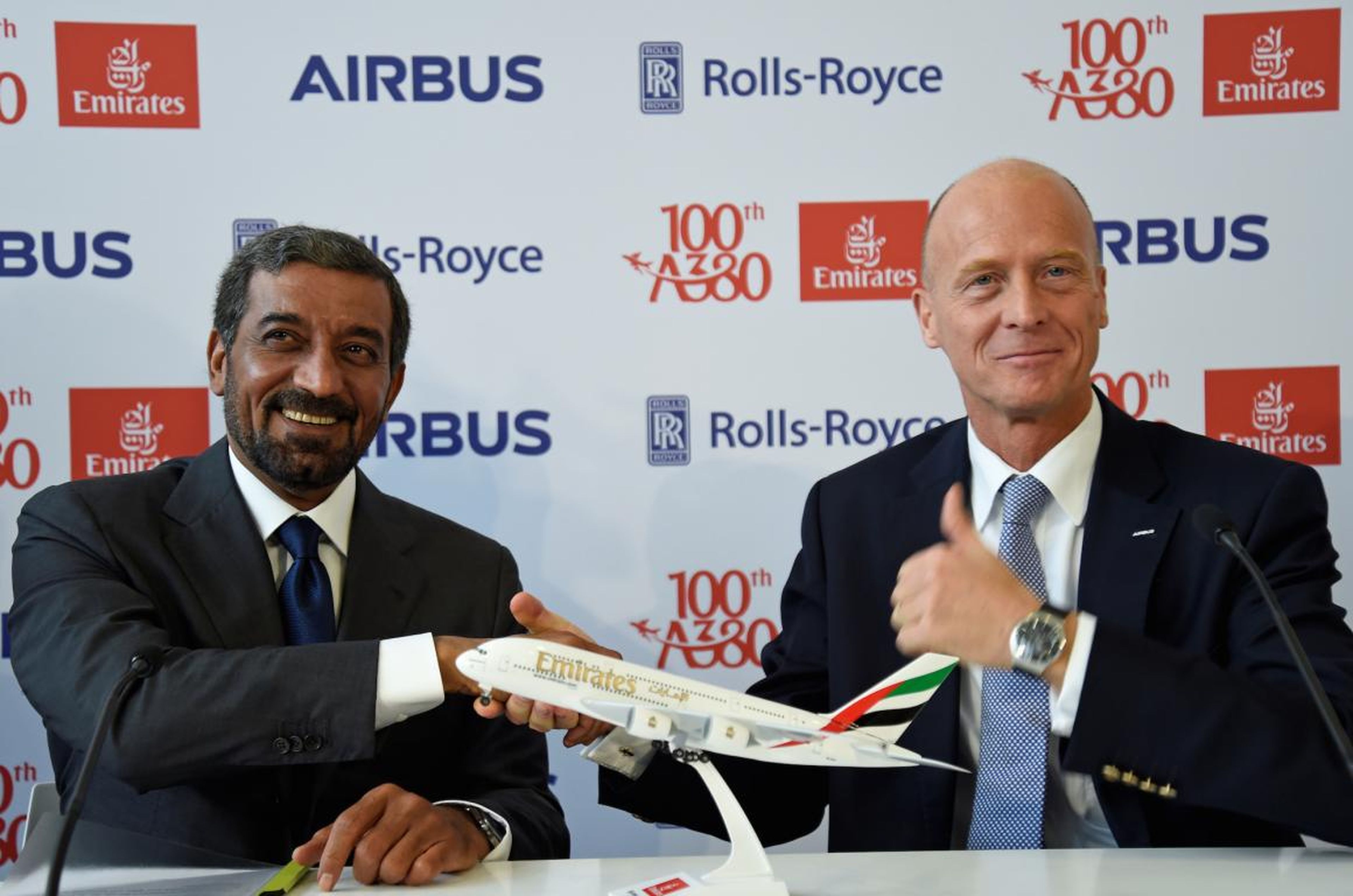 But no customer is more important than Emirates and its CEO, Shiekh Ahmed bin Saeed Al Maktoum, seen here with Airbus CEO Tom Enders.