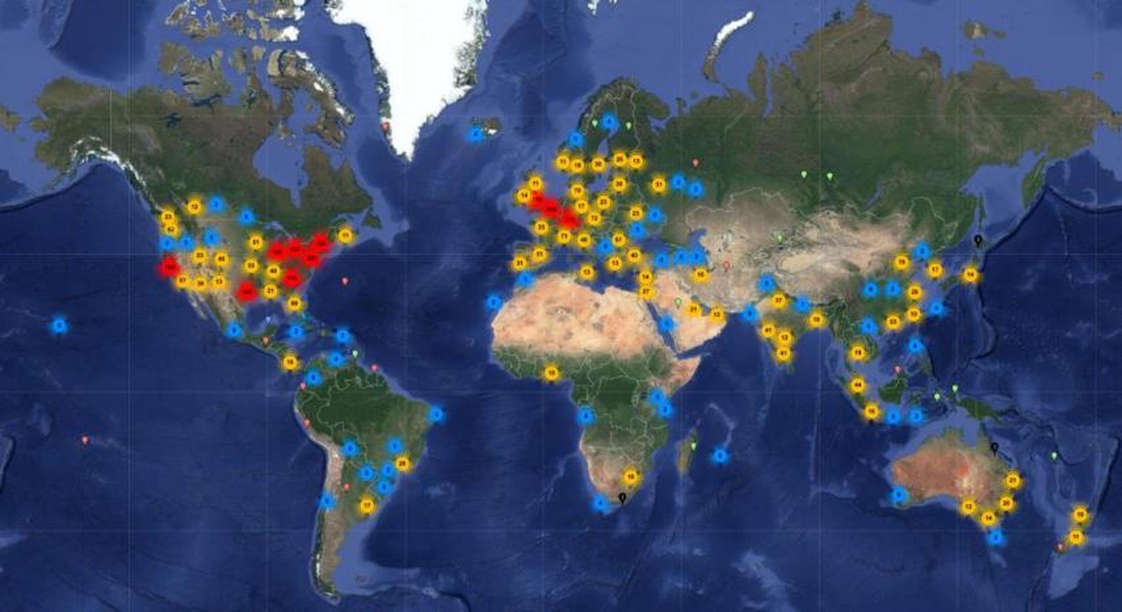 El sitio web de Data Center Map utiliza Google Maps para identificar los servidores de datos de todo el mundo.