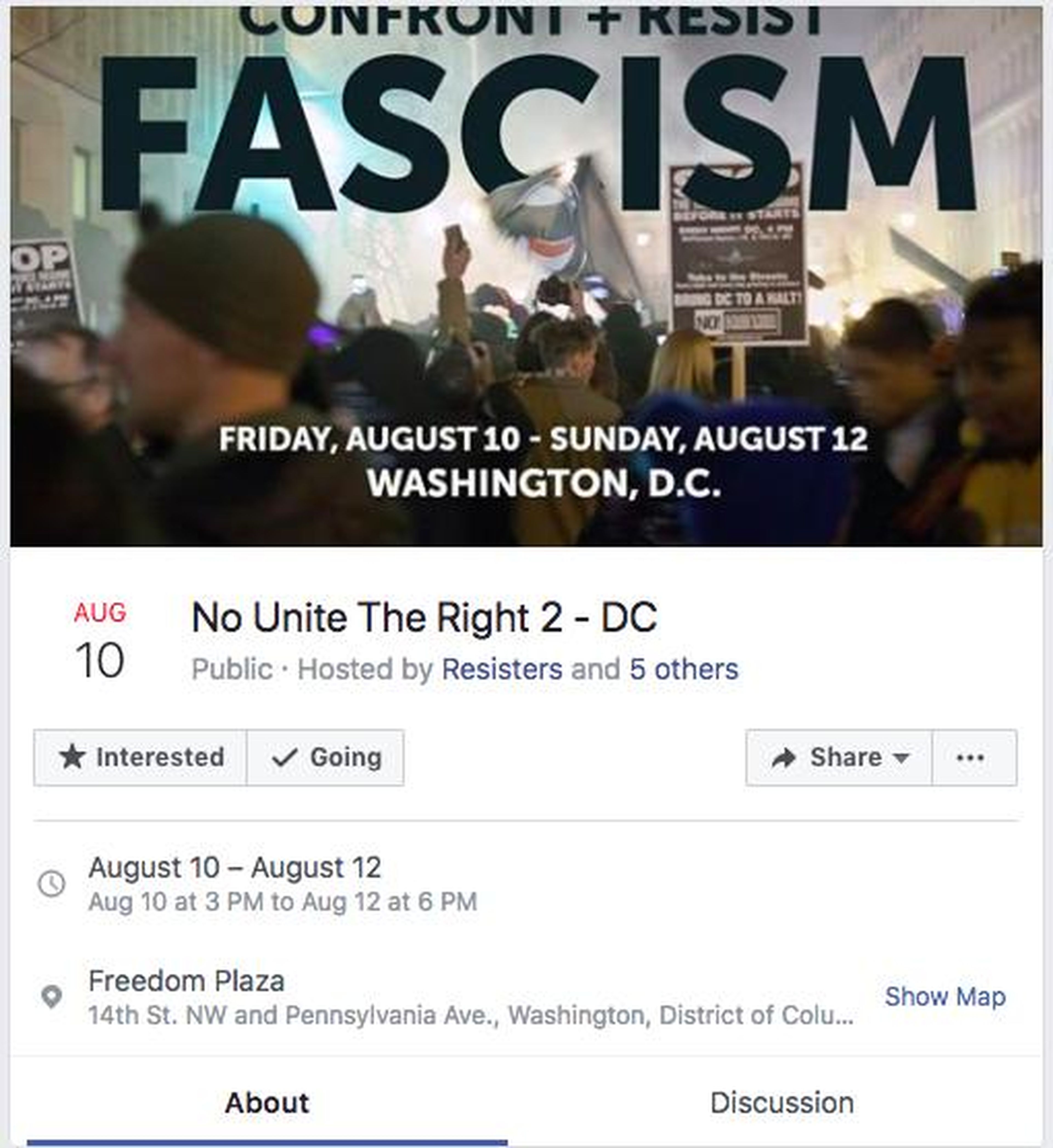 According to Facebook, at least one page is known to have recruited real-life people to promote and coordinate attendance for “No Unite the Right 2 – DC,” which was advertised as a counter-protest to an August “Unite the Right”