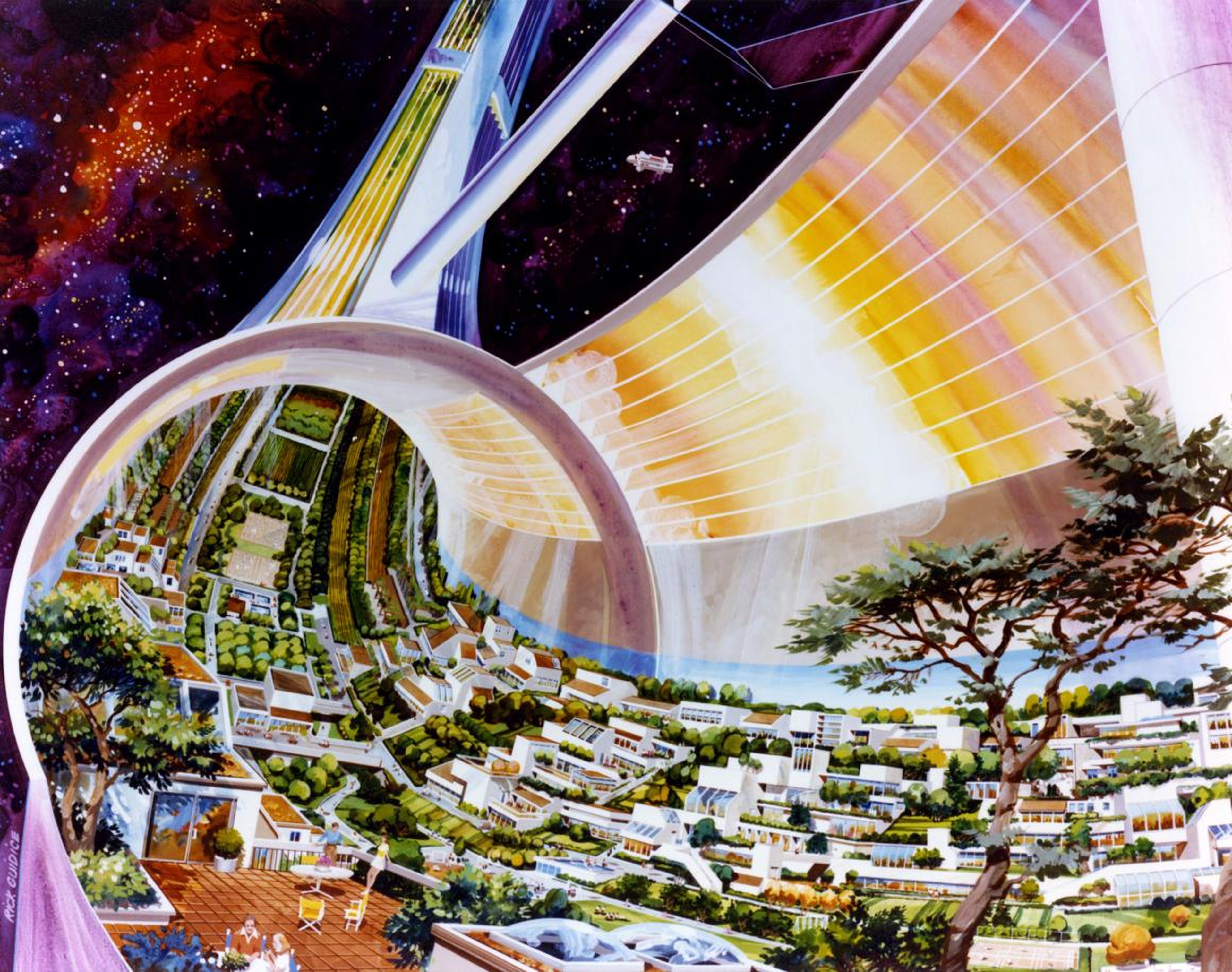La ilustración de la NASA de una futura colonia espacial.