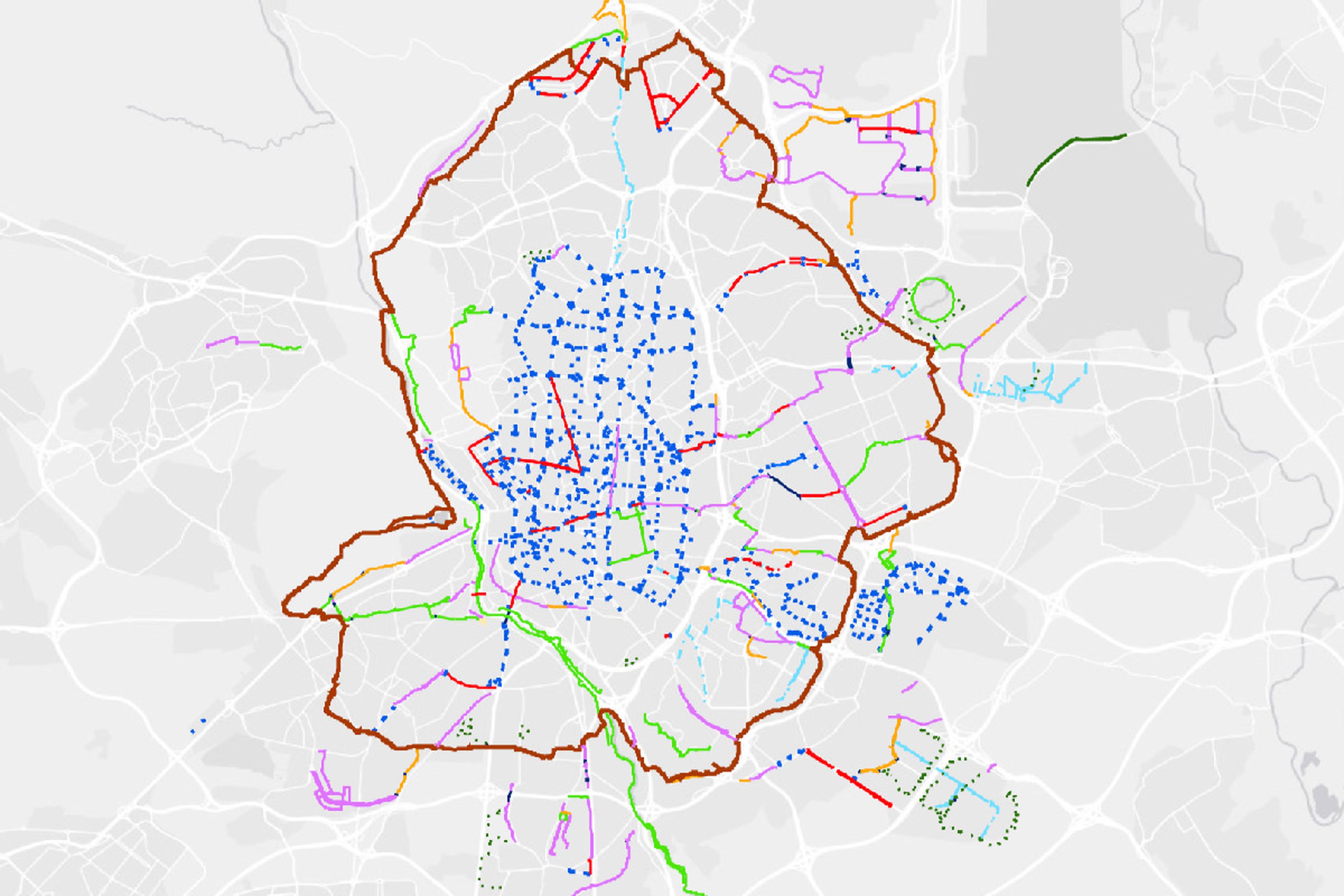 Mapa de las calles por las que pueden ir los patinetes eléctricos en Madrid.