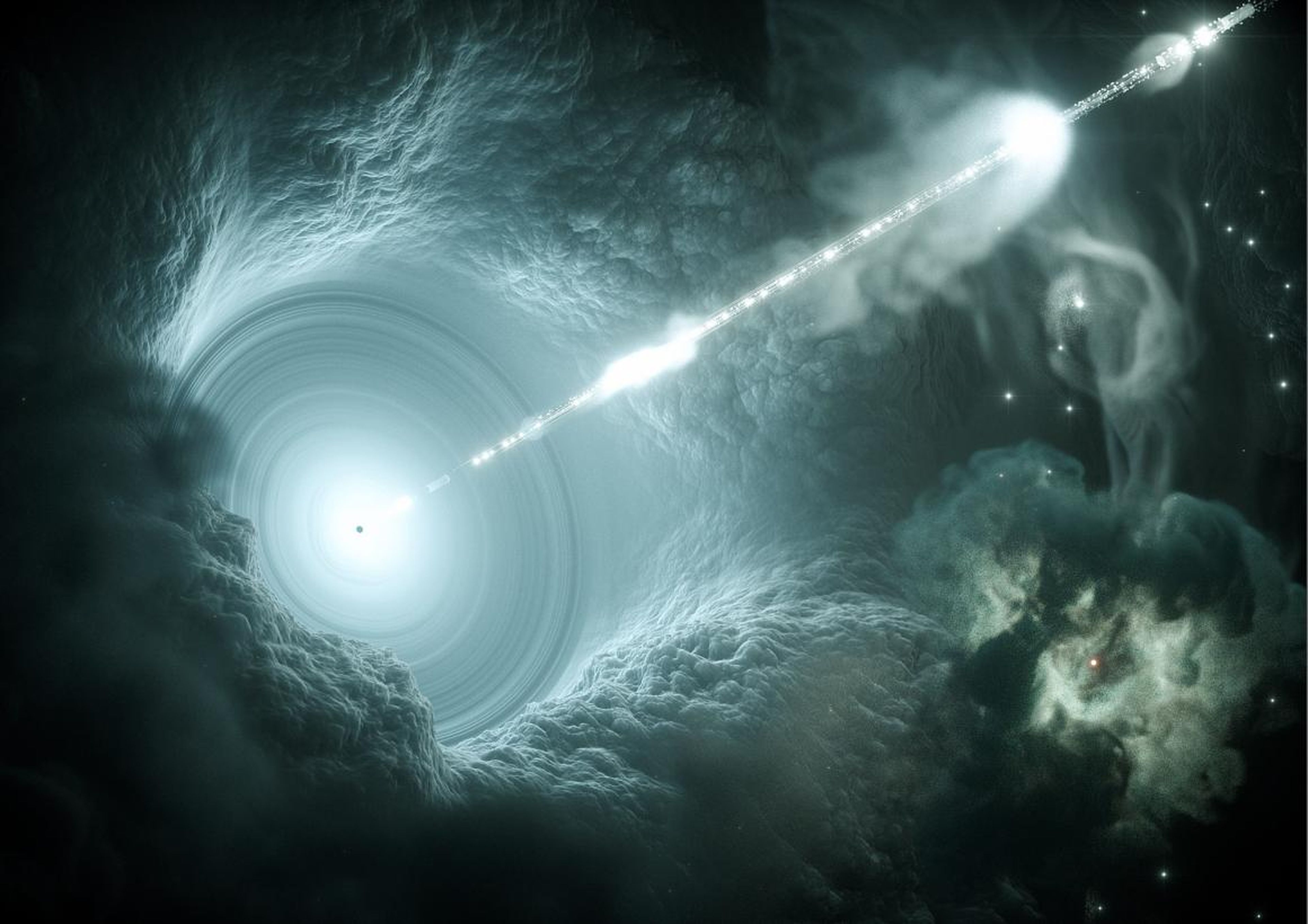 Una ilustración de un blazar, capaz de expulsar chorros de gran energía de radiación y partículas