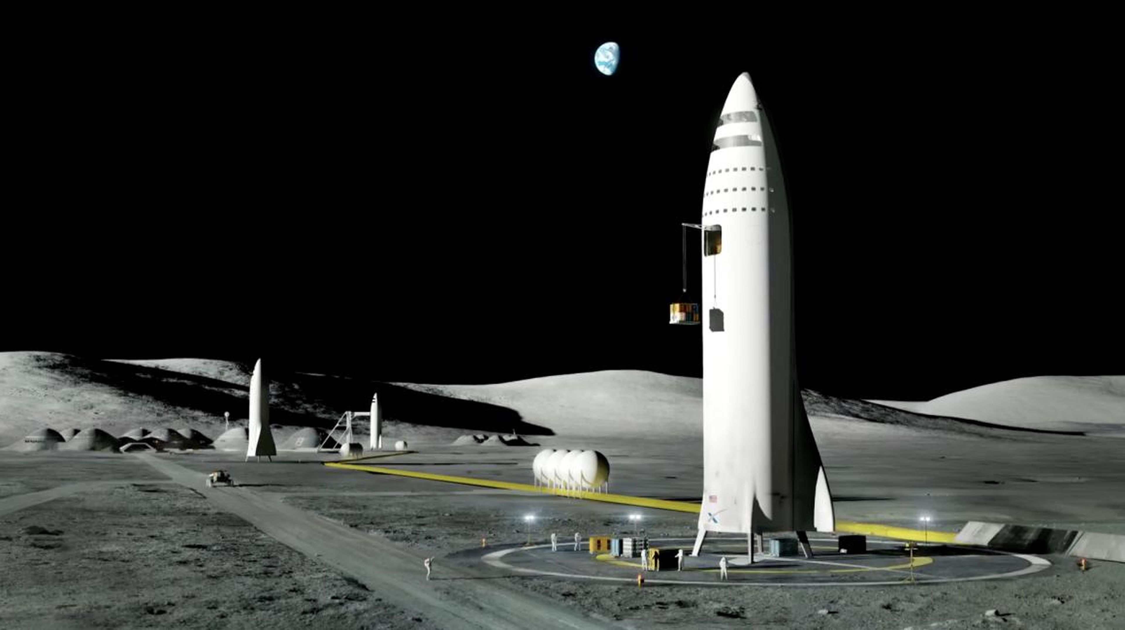 Una ilustración de los vehículos Starship de Elon Musk y SpaceX ayudando a establecer una base lunar.