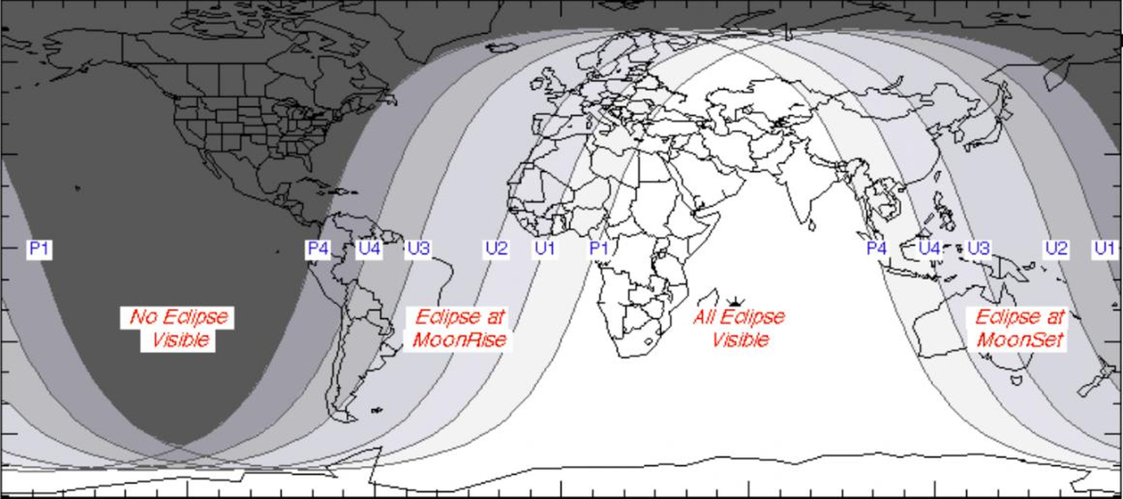 A map of locations where the total lunar eclipse of July 27 and 28, 2018, will be visible.