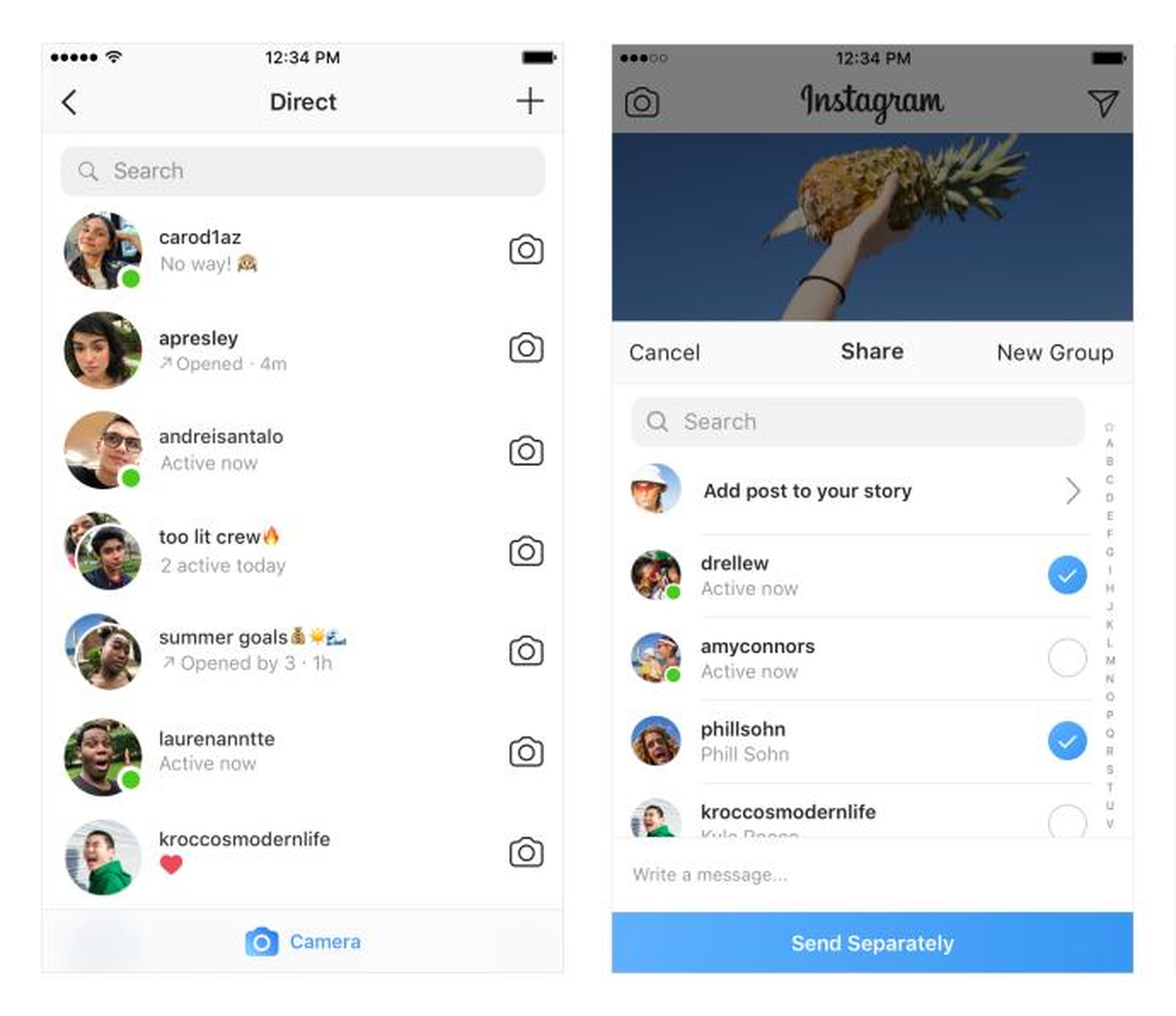 Right now, this is what you'll see in Instagram: green dots next to people's names in your direct messages inbox, and in your share menu. If the green dot hasn't rolled out for you yet, you'll still see statuses like "Active now."