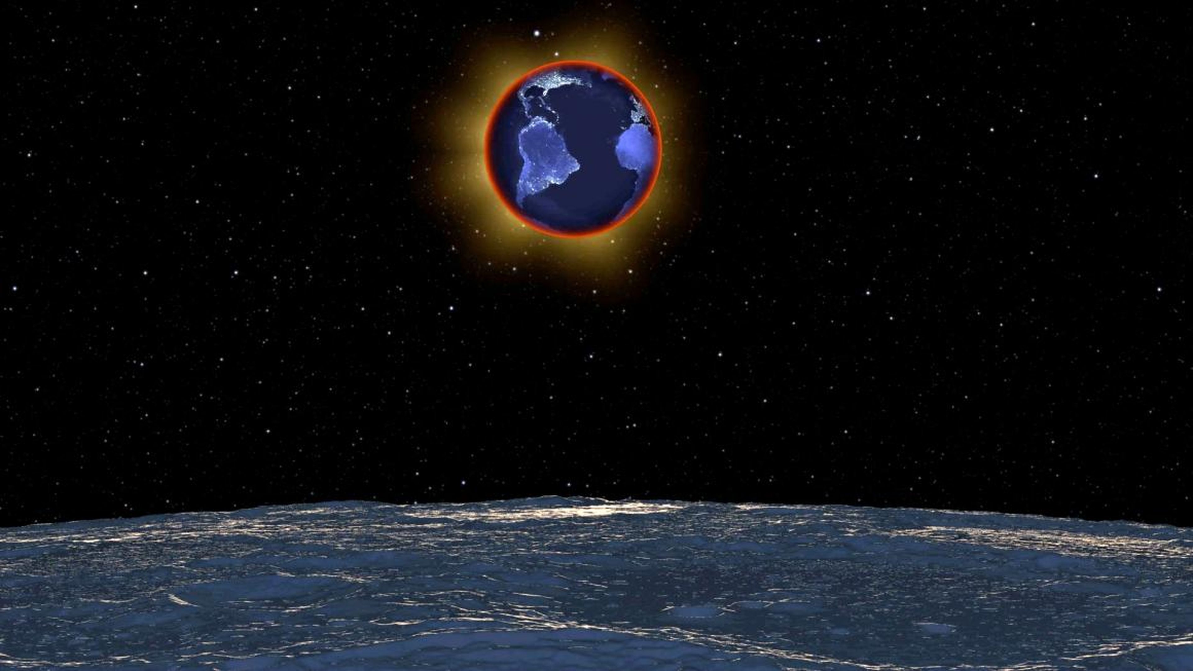 A simulated view of Earth from the moon during a total lunar eclipse.