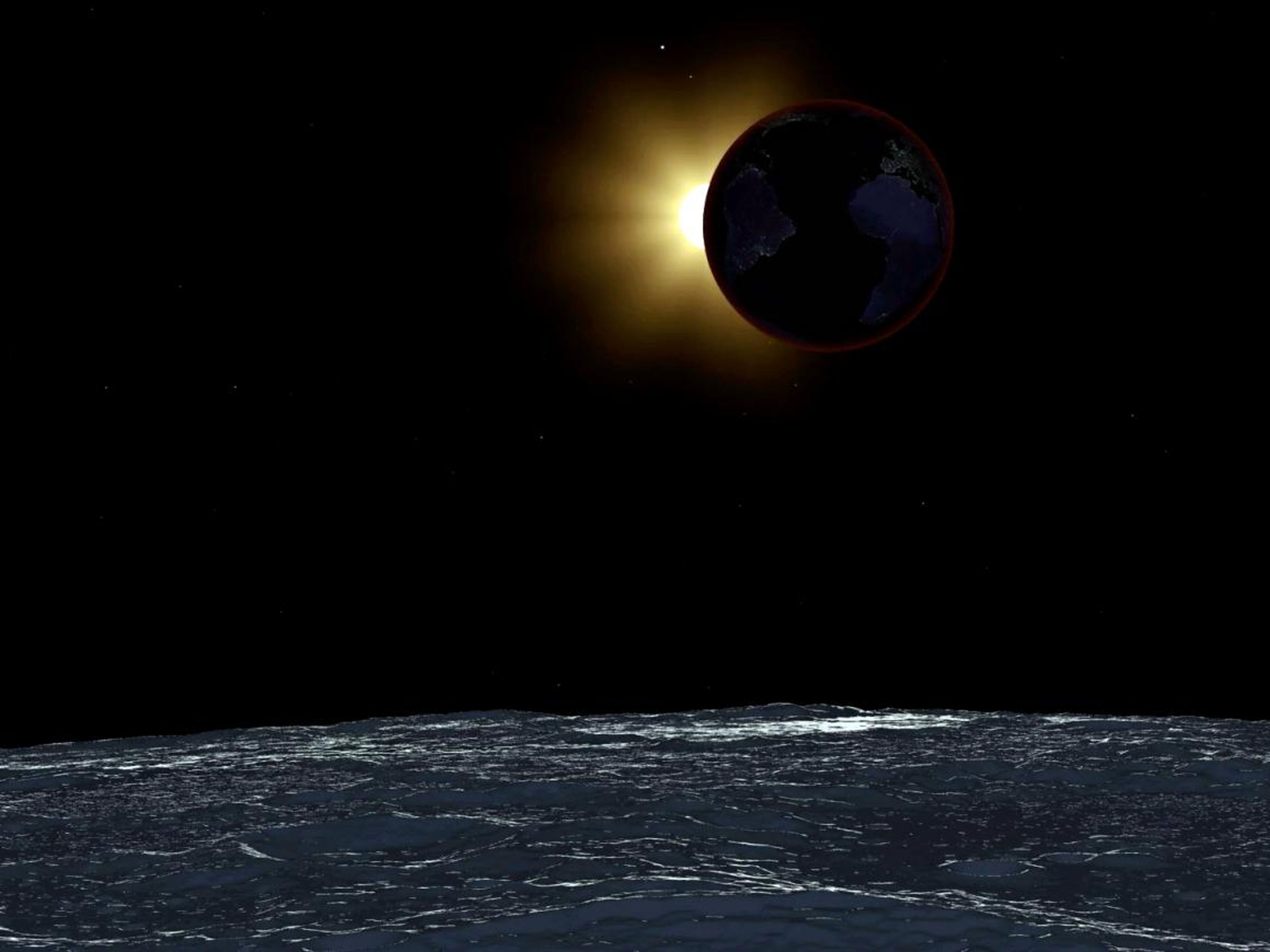 A simulated view of Earth from the moon just before a total lunar eclipse.