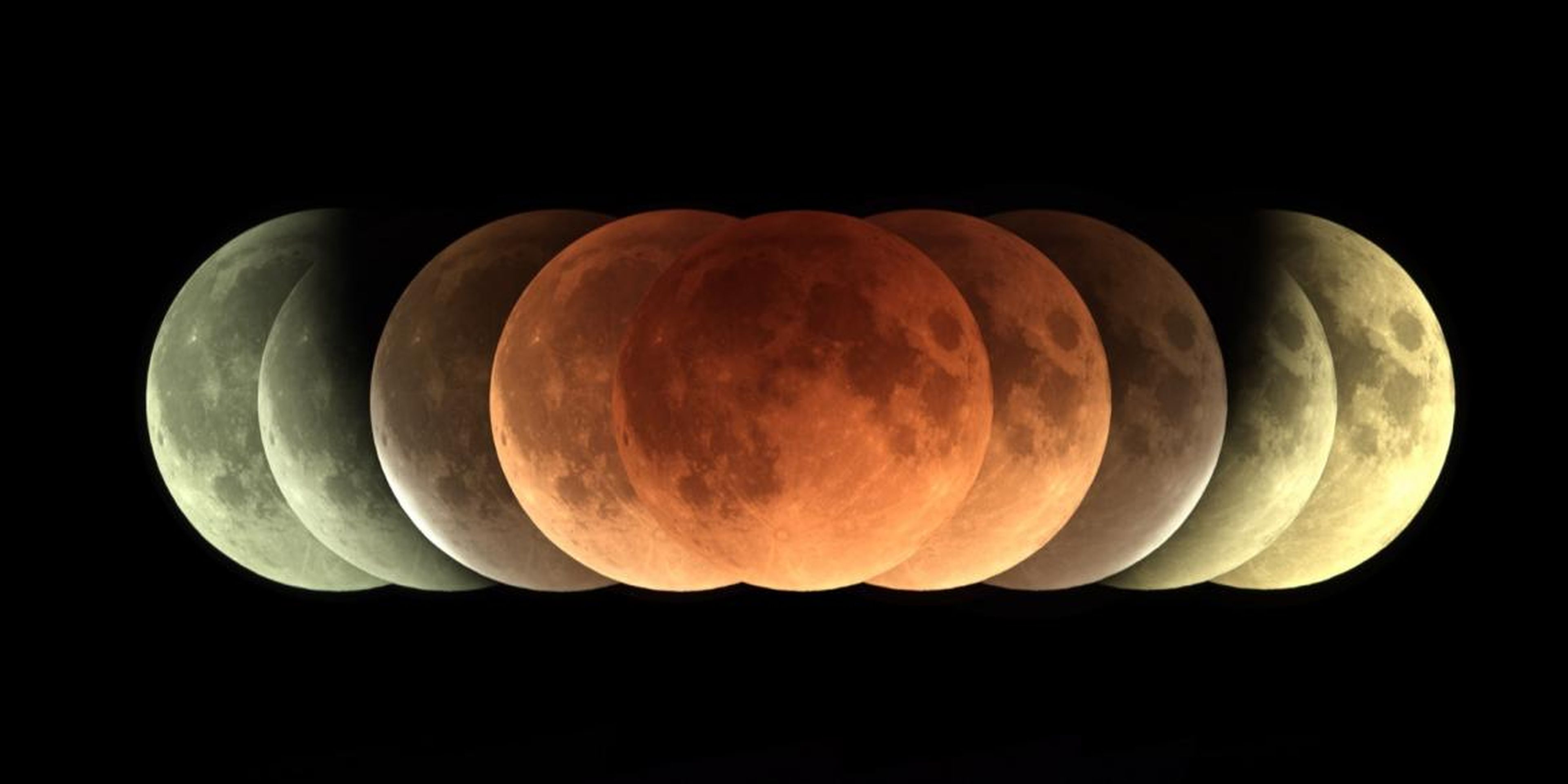 A total lunar eclipse or blood moon as seen in a time-lapse series of images.