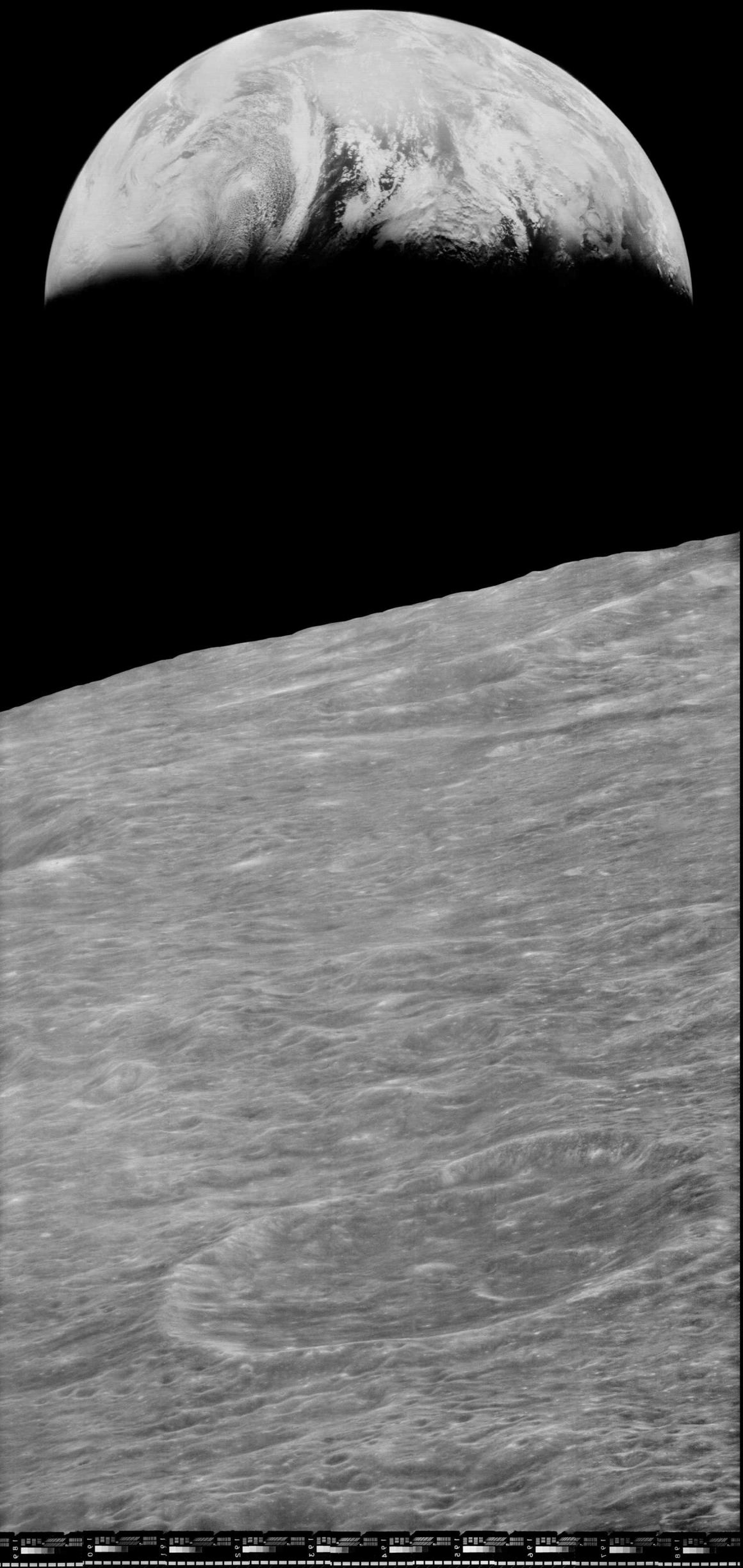In 2008, the Lunar Orbiter Image Recovery Project (LOIRP) released this high-resolution version of a Lunar Orbiter 1 photo of Earth from the moon.