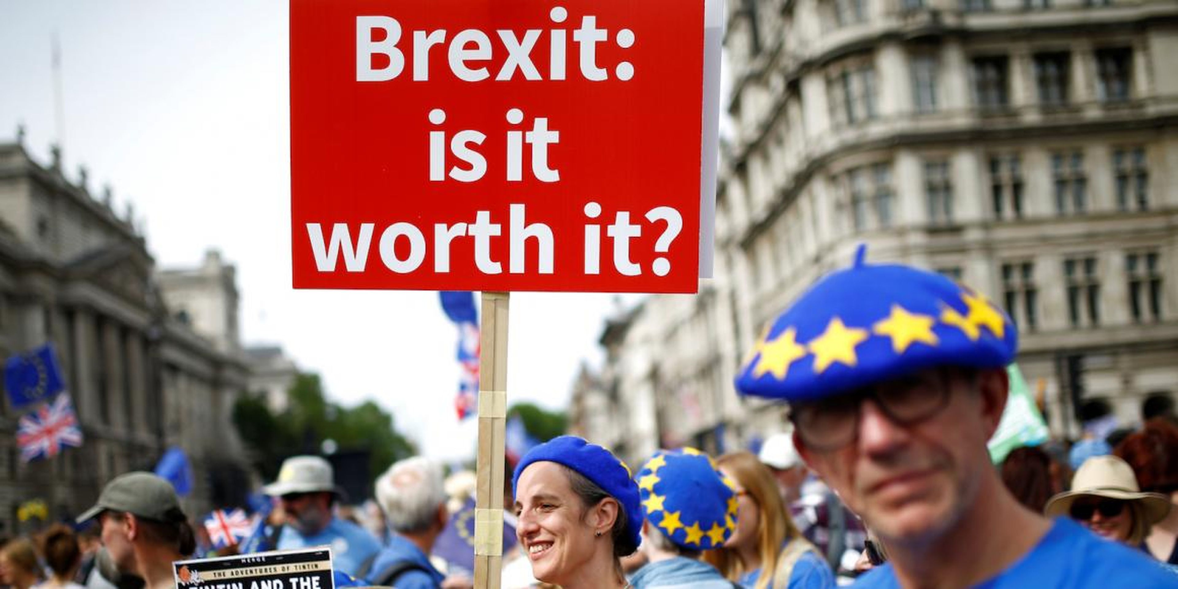 A woman holds a placard as she joins EU supporters, calling on the government to give Britons a vote on the final Brexit deal, participating in the 'People's Vote' march in central London, Britain June 23, 2018