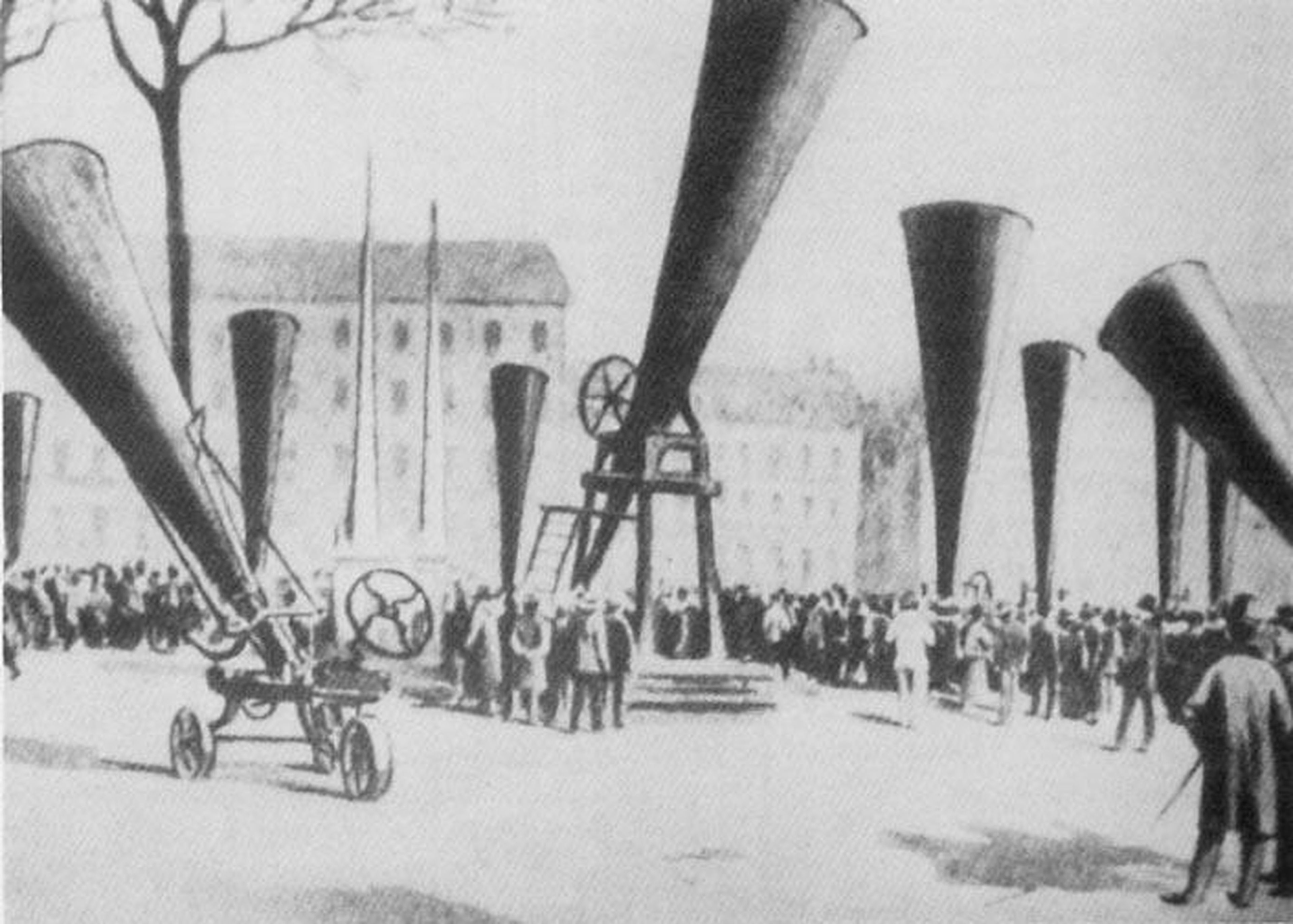 Una imagen de 1901 que muestra una concentración de cañones contra el granizo.